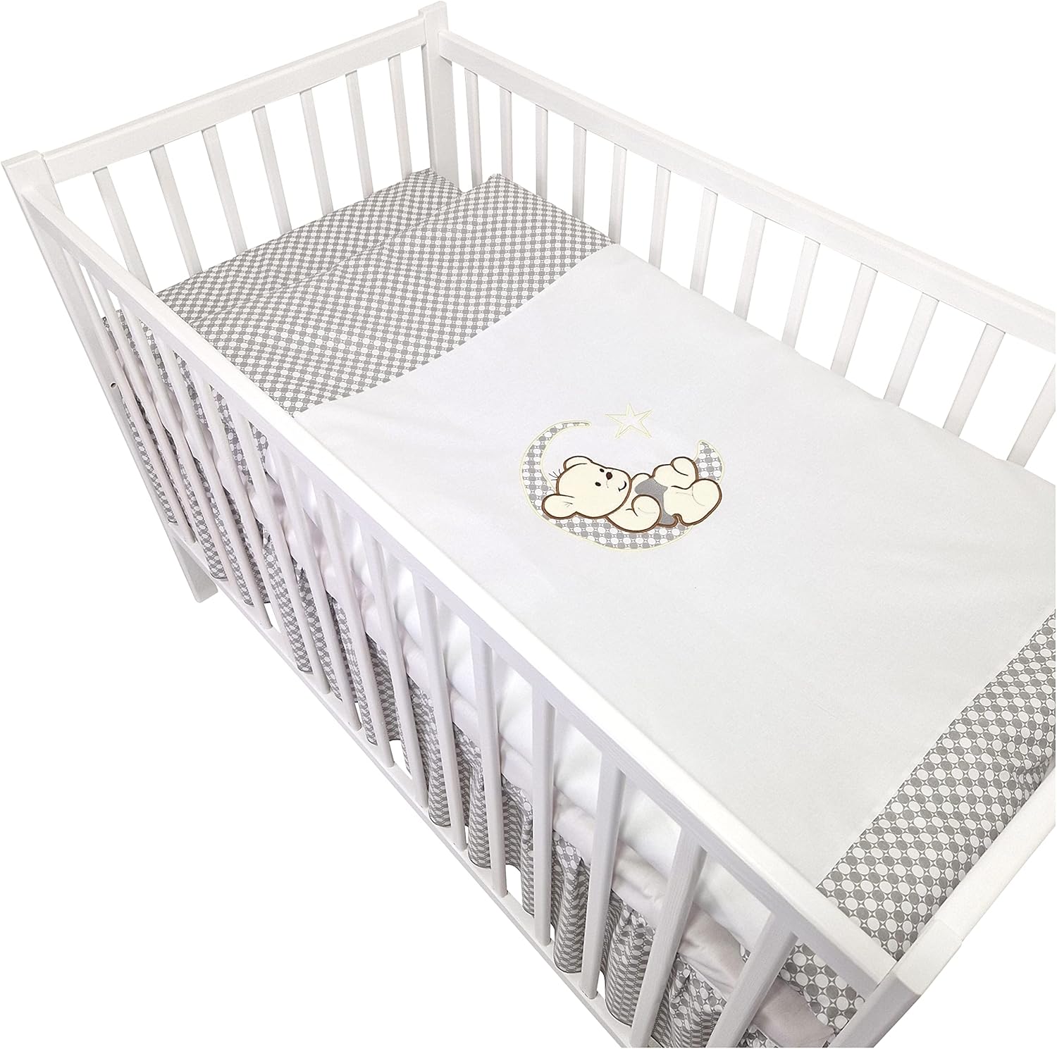 Bello24 - 16 Teiliges Babybett Kinderbett und Bettwäsche komplett Set Happy Leo inkl. Matratze höhenverstellbar für Neugeborene Babys und Kleinkinder aus Massivholz (Grau - Teddybär Mond)