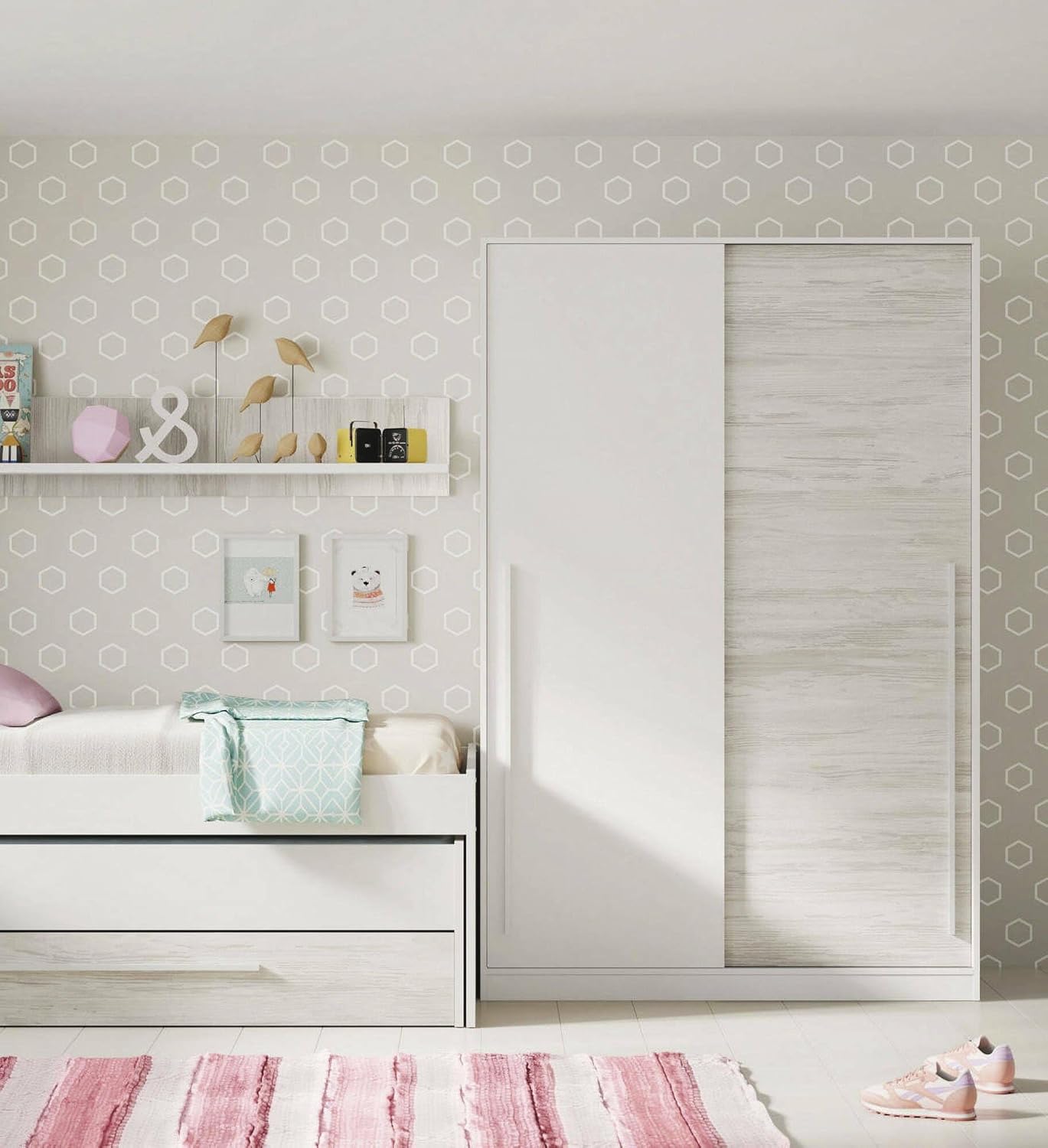 Downey 2 Door Wardrobe Bedroom Wardrobe with Clothes Rail and 3 Shelves 120 x 50 x 200 cm Antique White