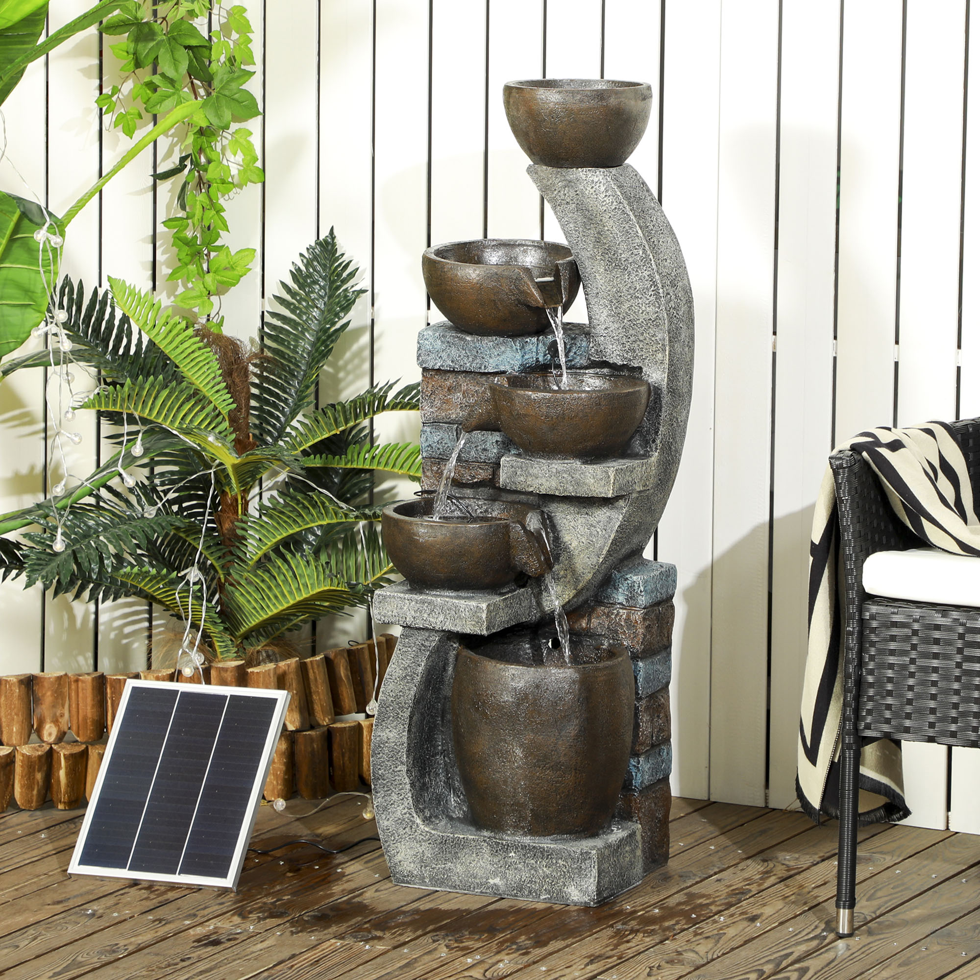 Outsunny Gartenbrunnen, Backsteinoptik, 5-stufig, Solarbetrieb, LEDs, 107cm, Kunstharz, Grau/Braun