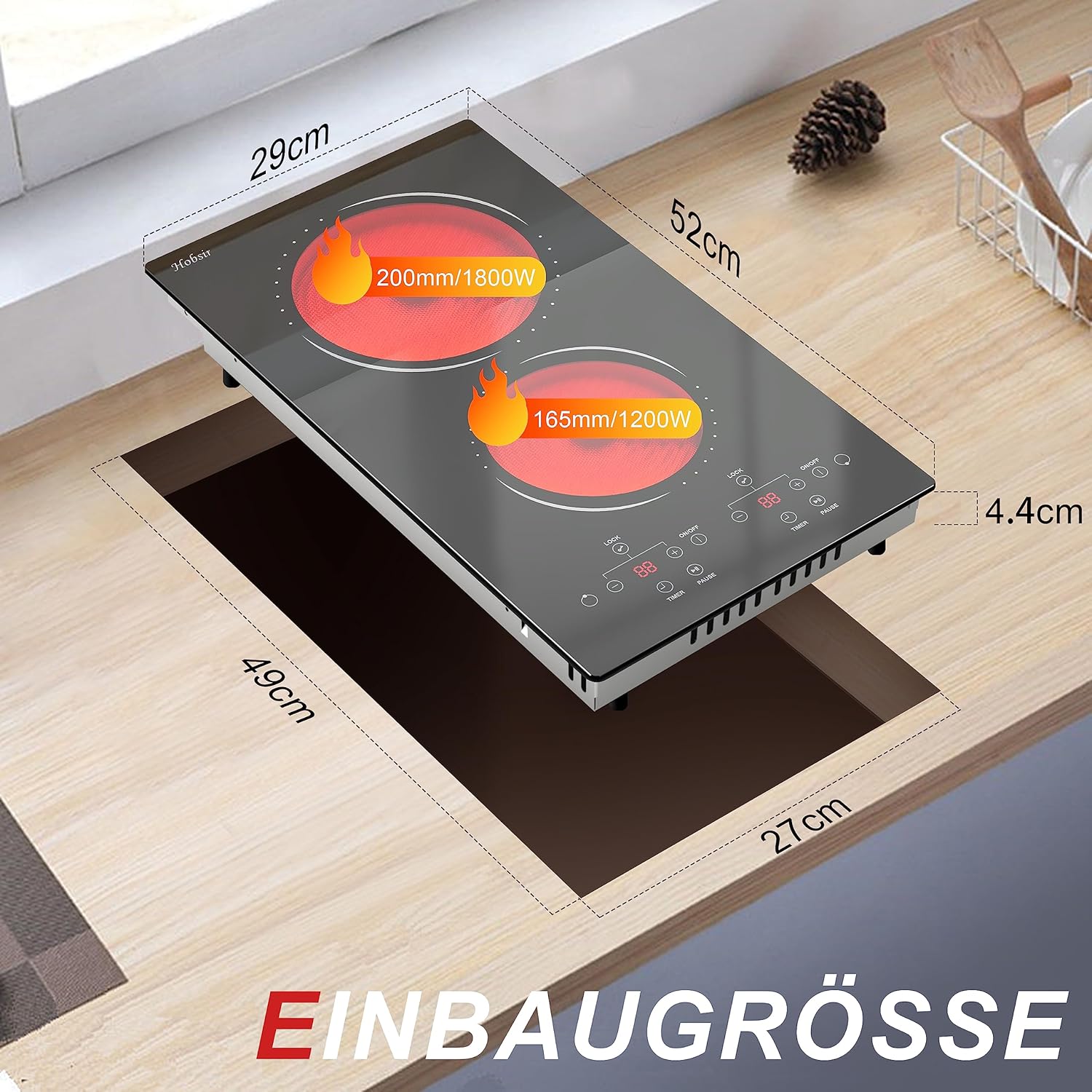 Glaskeramikkochfeld 4 Zonen Kochfelder Sensor-touch Control Kochfeld Autark 60cm, 6000W, 9 Leistungsstufe, verkabelt, kein Stecker
