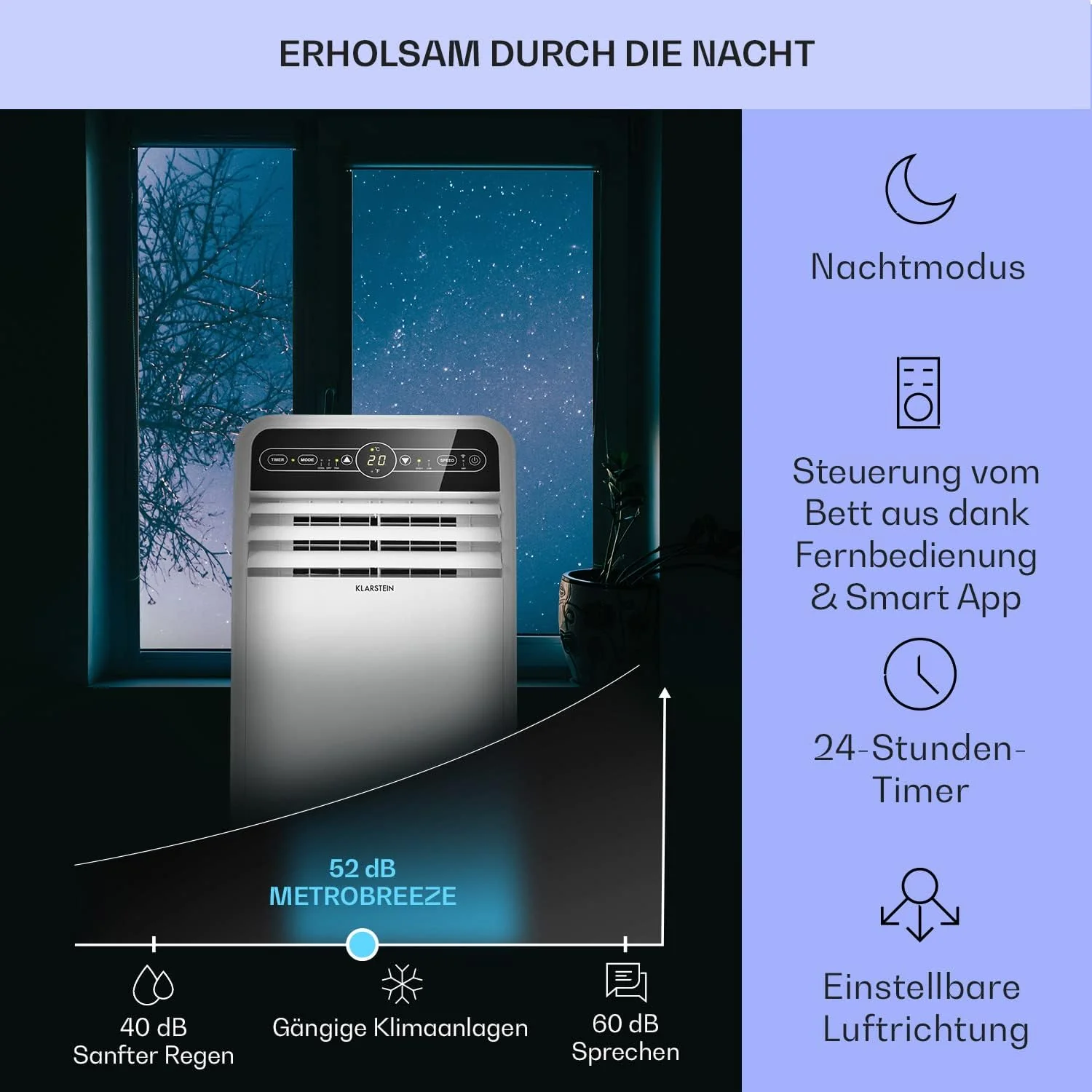 Klarstein Mobile Klimaanlage mit Abluftschlauch, 4-in-1 Klimagerät mit Ventilator, Luftentfeuchter & Nachtmodus, Kleine & Portable Klimaanlage für Wohnung & Büro, Niedriger Verbrauch, 9000 BTU