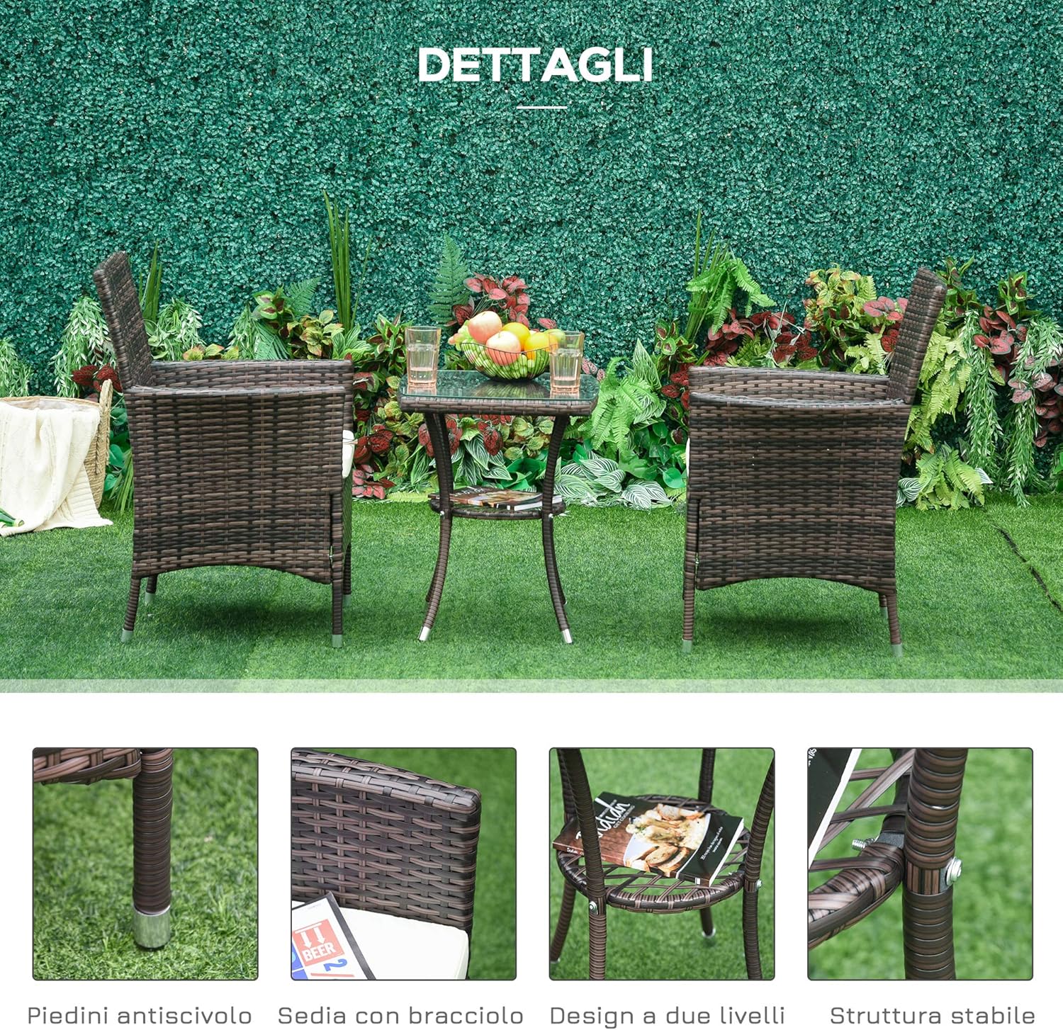 Outsunny Rattan Garden Furniture Set 3-Piece Garden Furniture Set with 2 Chairs with Cushions Brown