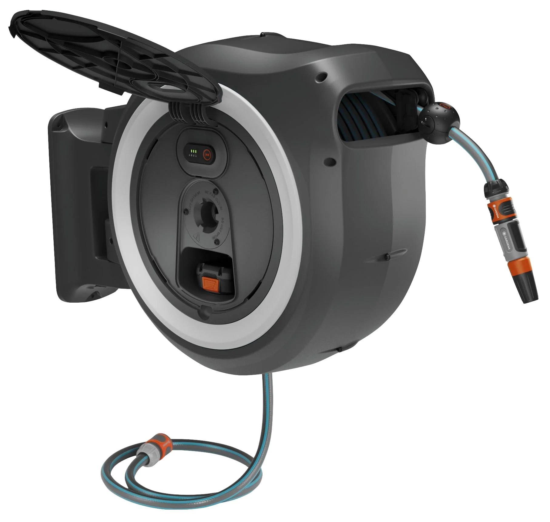 Gardena Avvolgitubo a parete a batteria PowerRoll XL Set pronto all’uso: Avvolgitubo automatico con 35 m di tubo da giardino, guida tubo e RollControll, set completo con batteria (18642-20)