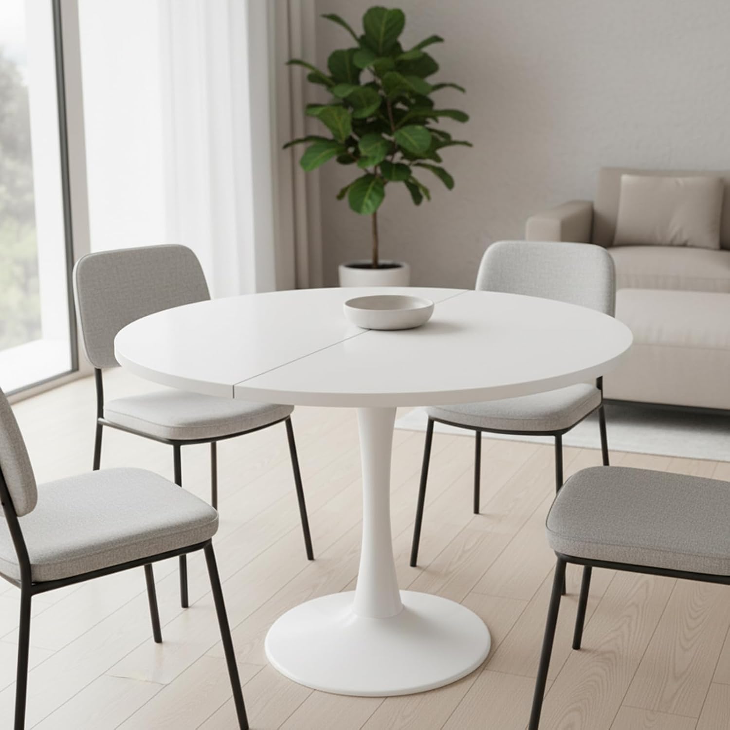 Tavolo rotondo allungabile bianco, 100-140 x 100 x 75 cm, Tavolo da pranzo rotondo allungabile per 2-6 persone, Tavoli rotondi per sala da pranzo, cucina