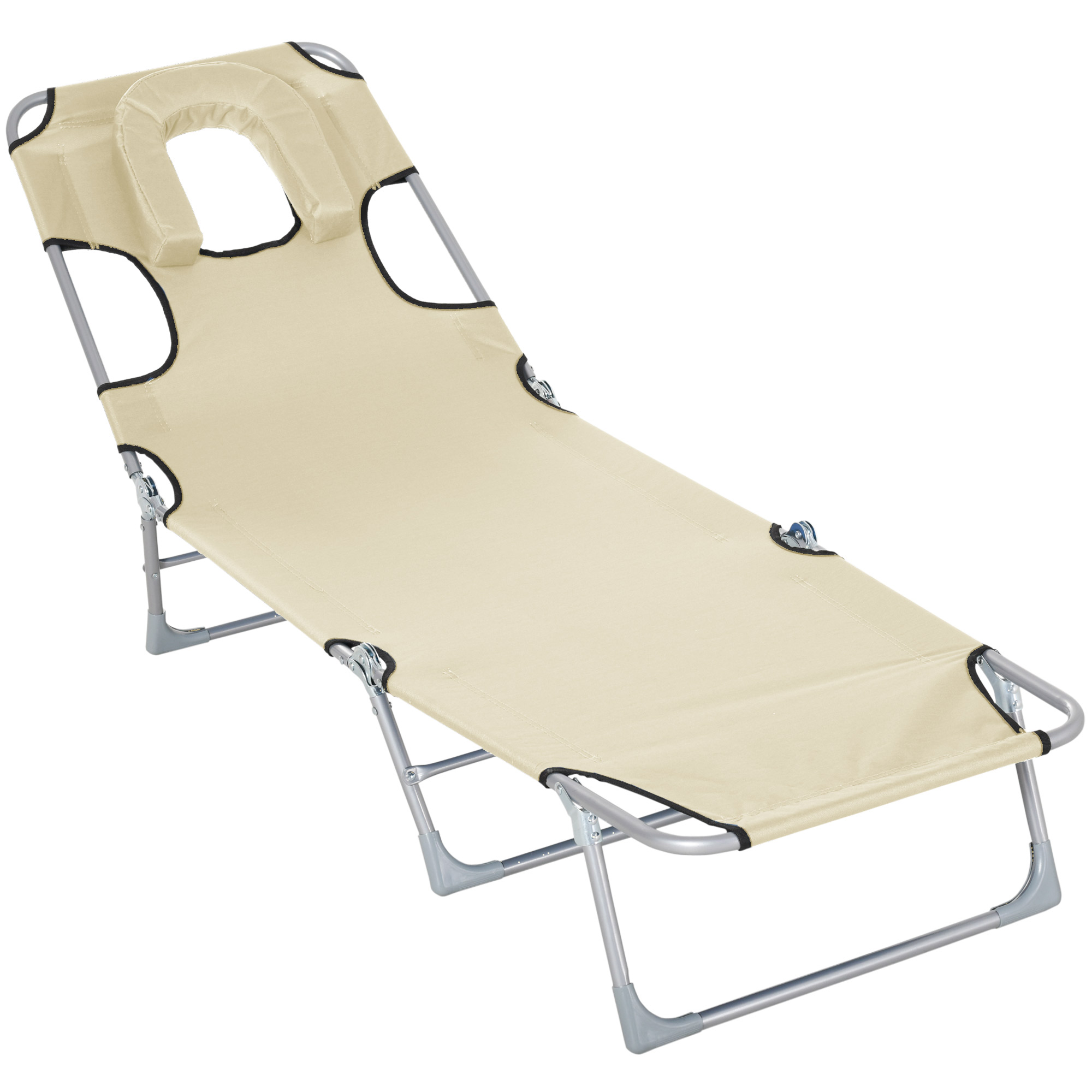 Outsunny Chaise longue pliante mit Kopfloch zum Lesen und verstellbarer Rückenlehne aus beige Oxford-Gewebe