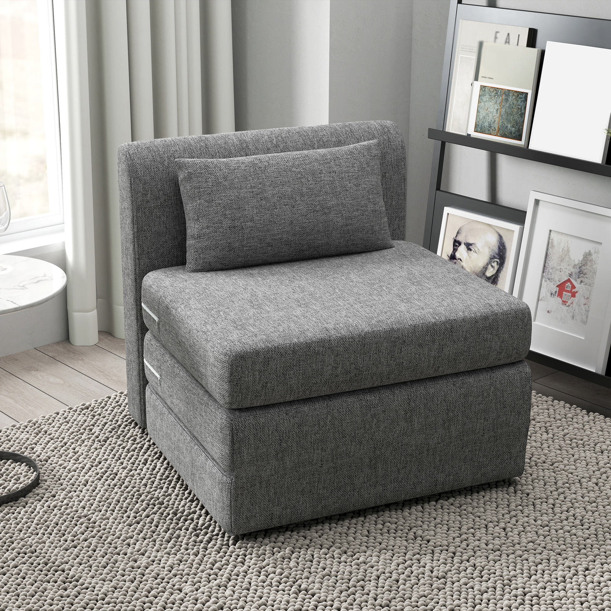 HOMCOM Schlafsessel, Gästematratze, 3-fach faltbar, kompakt, Metallrahmen, 80x75x74 cm, Grau