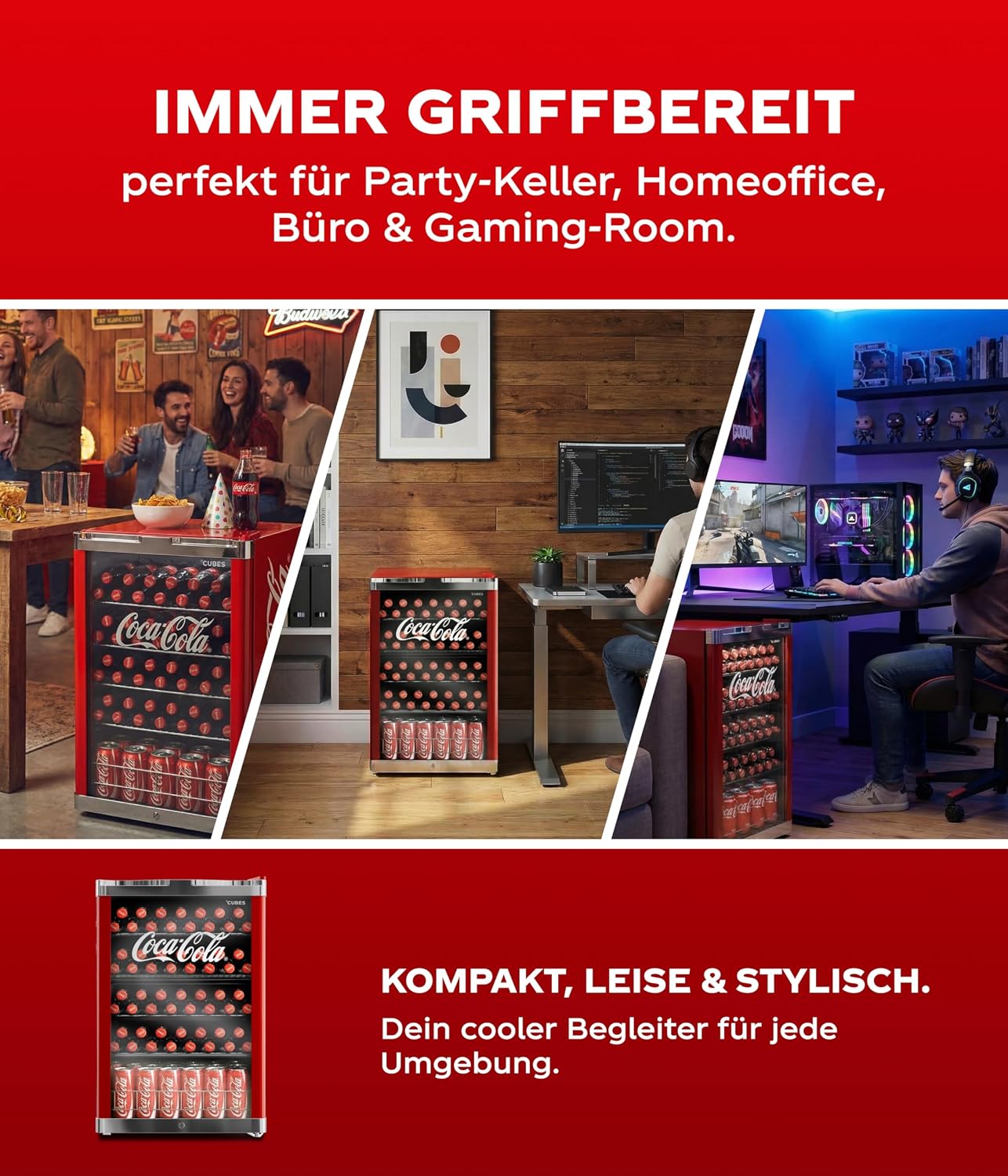 °CUBES Coca Cola Kühlschrank 115L | Getränkekühlschrank groß mit Glastür, perfekt für Partys & Gewerbe | Energieeffizient, 84,5 cm hoch, 104 kWh/Jahr - Flaschenkühlschrank groß