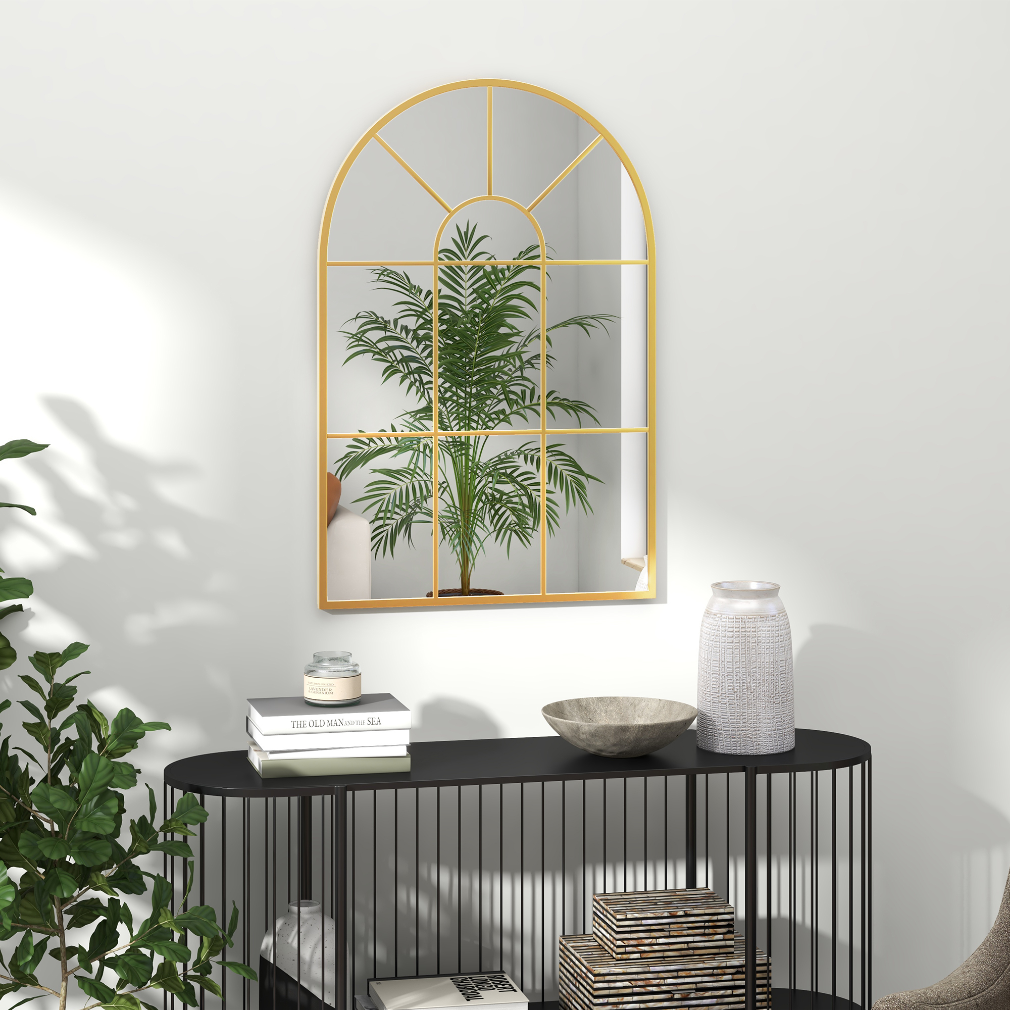 HOMCOM Wandspiegel, Fenster-Design, Flurspiegel, Metallrahmen, 91 x 60 cm, Gold