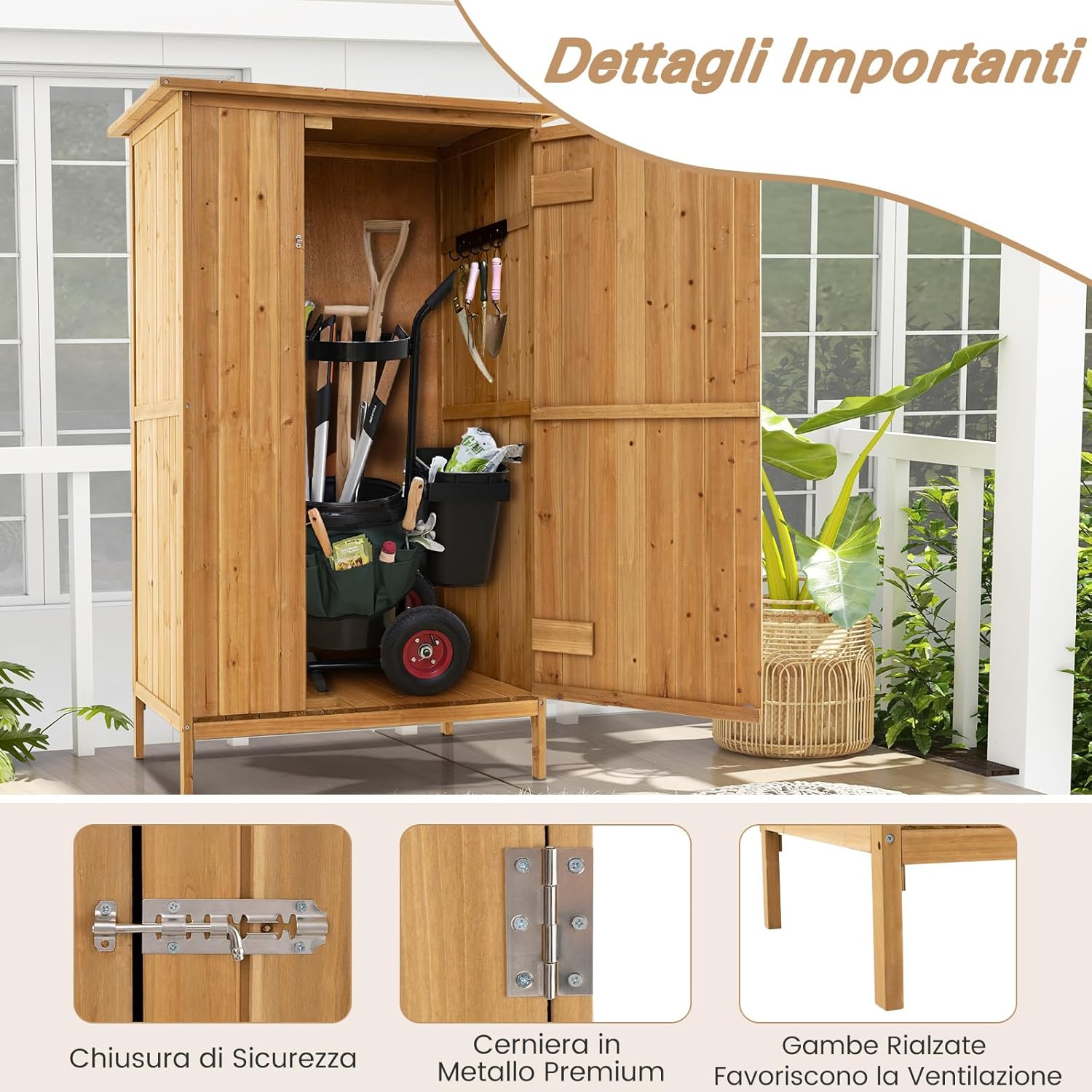 COSTWAY Armadio da Esterno, Casetta Porta Attrezzi da Giardino in Legno di Abete con Tetto in Asfalto, 3 Ripiani, Porta con Serratura e 5 Ganci, Ripostiglio per Balcone e Cortile, 91 × 66 × 150 cm