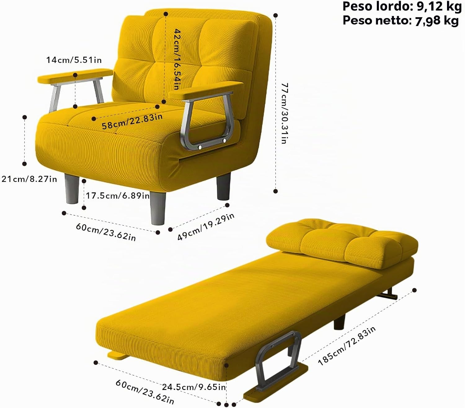 Fabulcozy - Poltrona letto convertibile a 1 posto – Ottimo comfort, rimovibile con cuscino, braccioli e piedi in metallo (Giallo)
