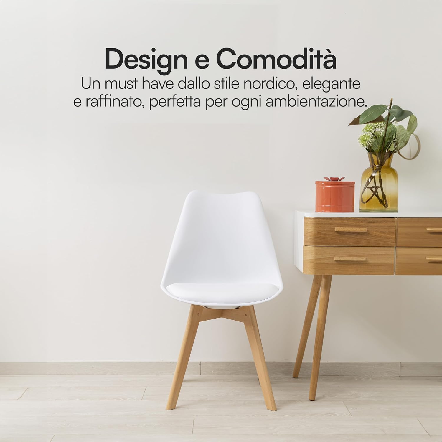 Baroni Home Set di 4 Sedie da Pranzo o Ufficio con Gambe in Legno, Sedia Ergonomica con Cuscino Integrato 57X48X79 cm Bianco