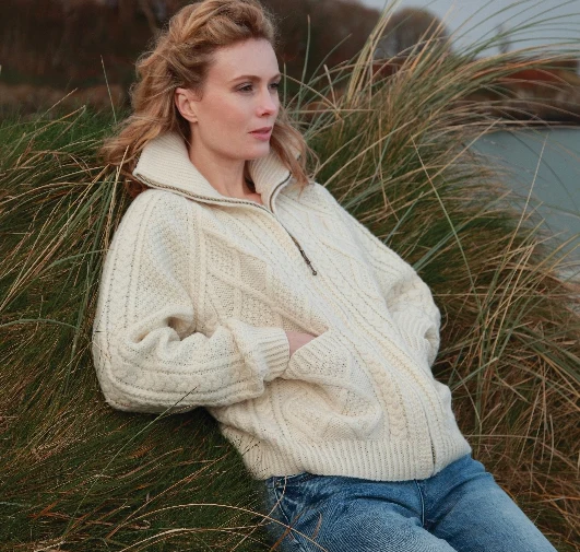 Handknit Unisex Zip Sweater , Natural