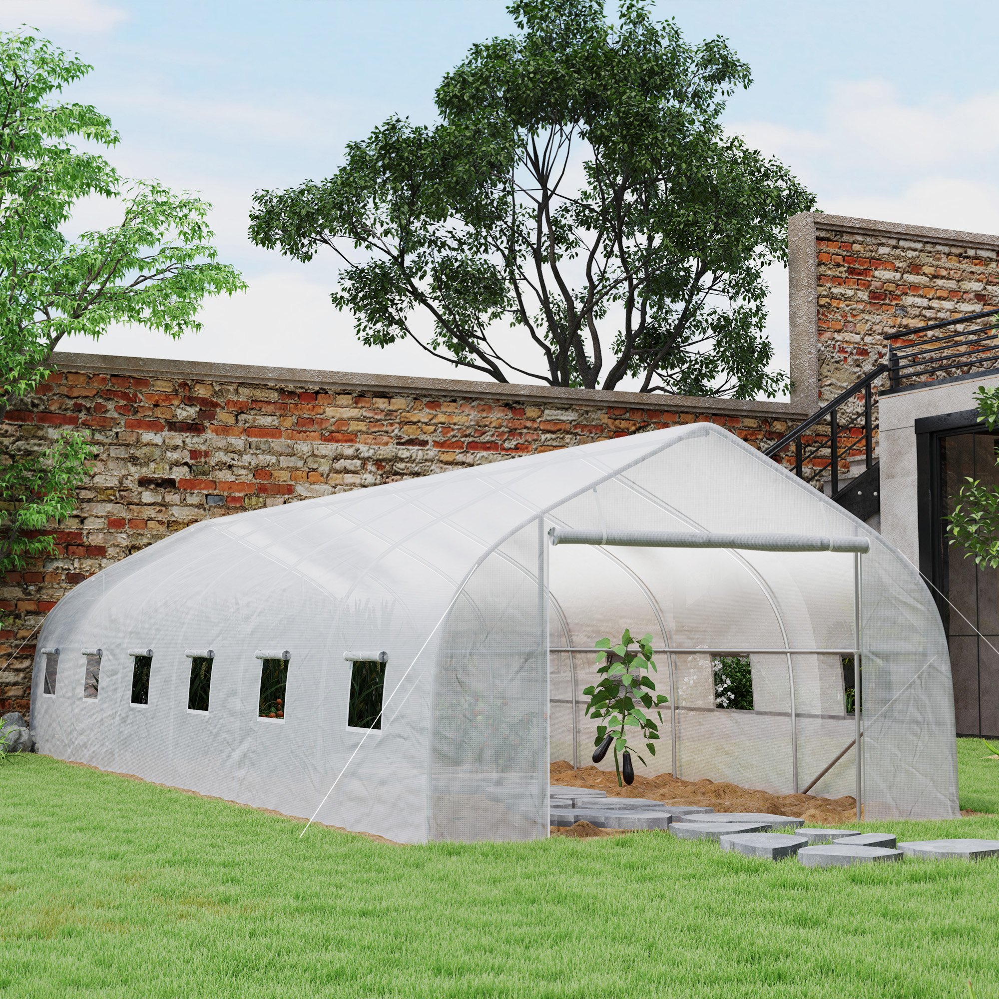 Outsunny Großes Tunnel-Gewächshaus für den Garten mit PE-Abdeckung Stahlrahmen Rolltür und 12 Fenstern 8 x 3 x 2 m weiß