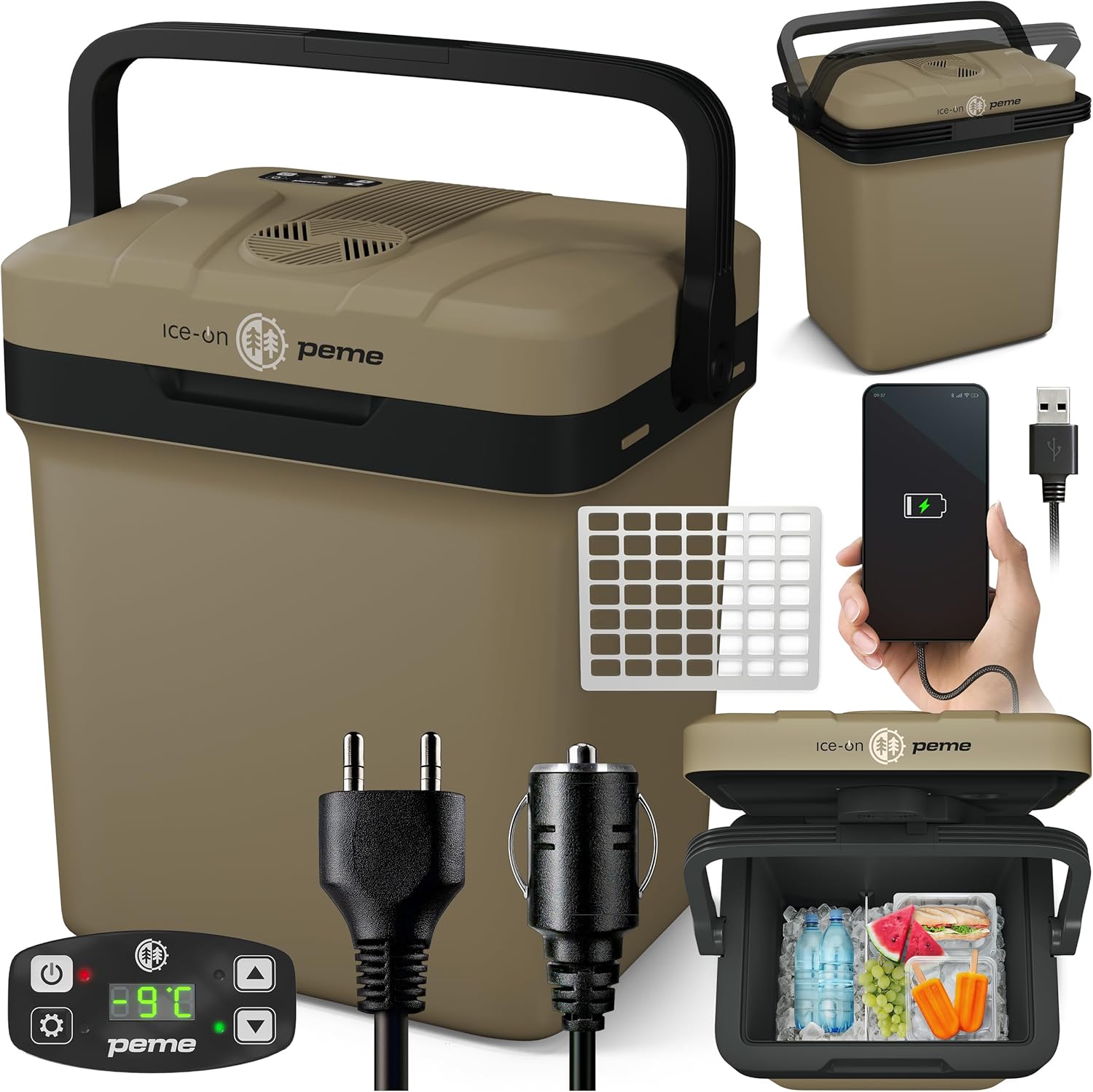 peme Essential Portable Fridge 25.7L – Electric Fridge with Hot/Cold Function, Dual Power 12 V & 230 V, Eco Mode, USB Port, Safety Lock, for Car, Camper, Camping