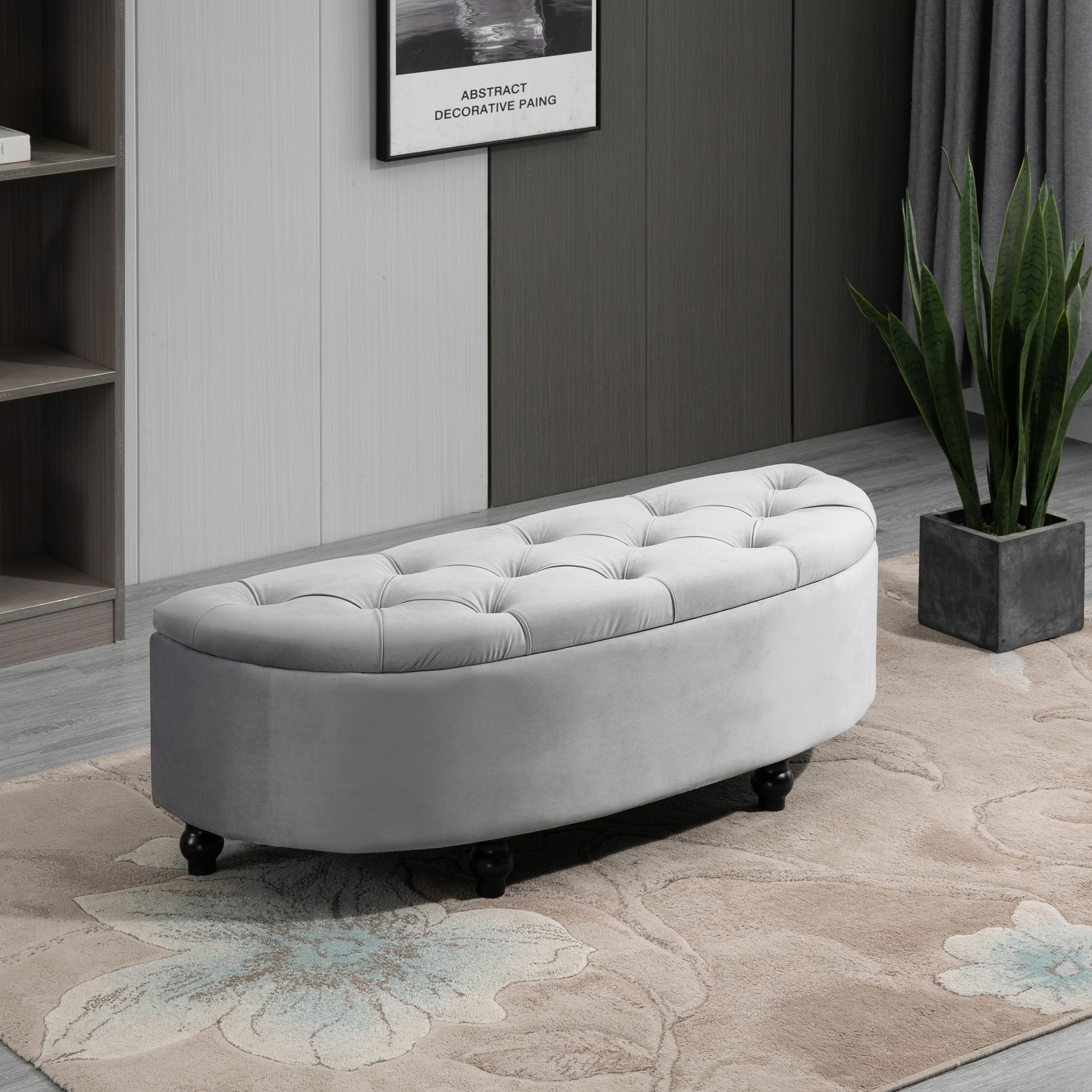 HOMCOM Sitzbank mit Stauraum Polsterbank mit Samtoptik, geöffnetem Deckel Sitztruhe mit Holzbeine, Truhenbank für Wohnzimmer Flur Schlafzimmer 120 x 46 x 42 cm, Grau