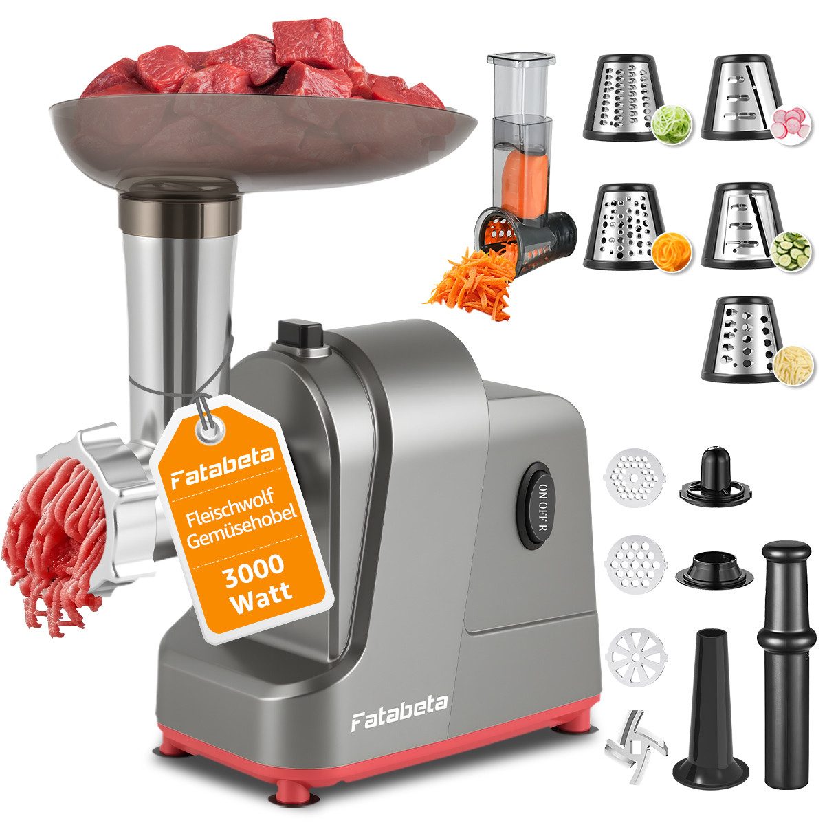 Fleischwolf 2IN1 Fleischwolf Wurstfüller Gemüseschneider, 3000 W Spitzenleistung