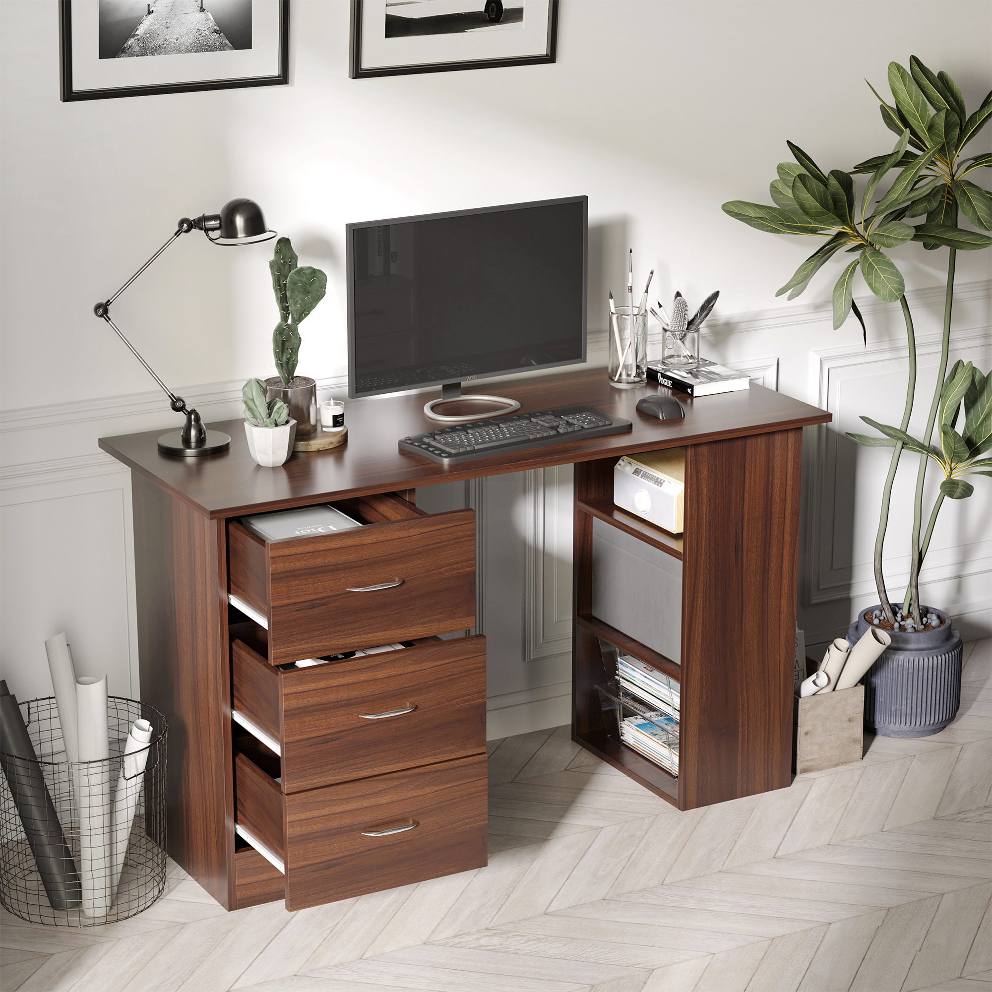 HOMCOM Computertisch Multifunktionstisch 3 Schubladen 2 Regale Maße 120L x 49B x 72H cm MDF Walnuss-Optik