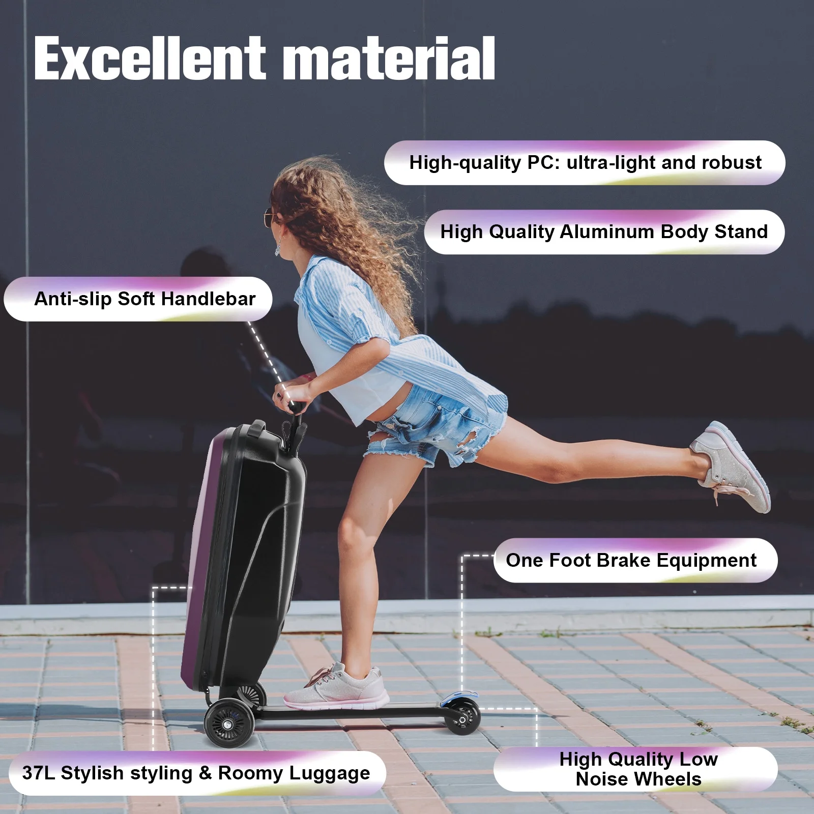 Advwin Scooter Luggage for Kids & Adults, Hardside Ride on Suitcase for Kids Ages 4-15 Multifunctional Lightweight Foldable Carry on Luggage with Wheels Ride on for Children Teenagers, Pink