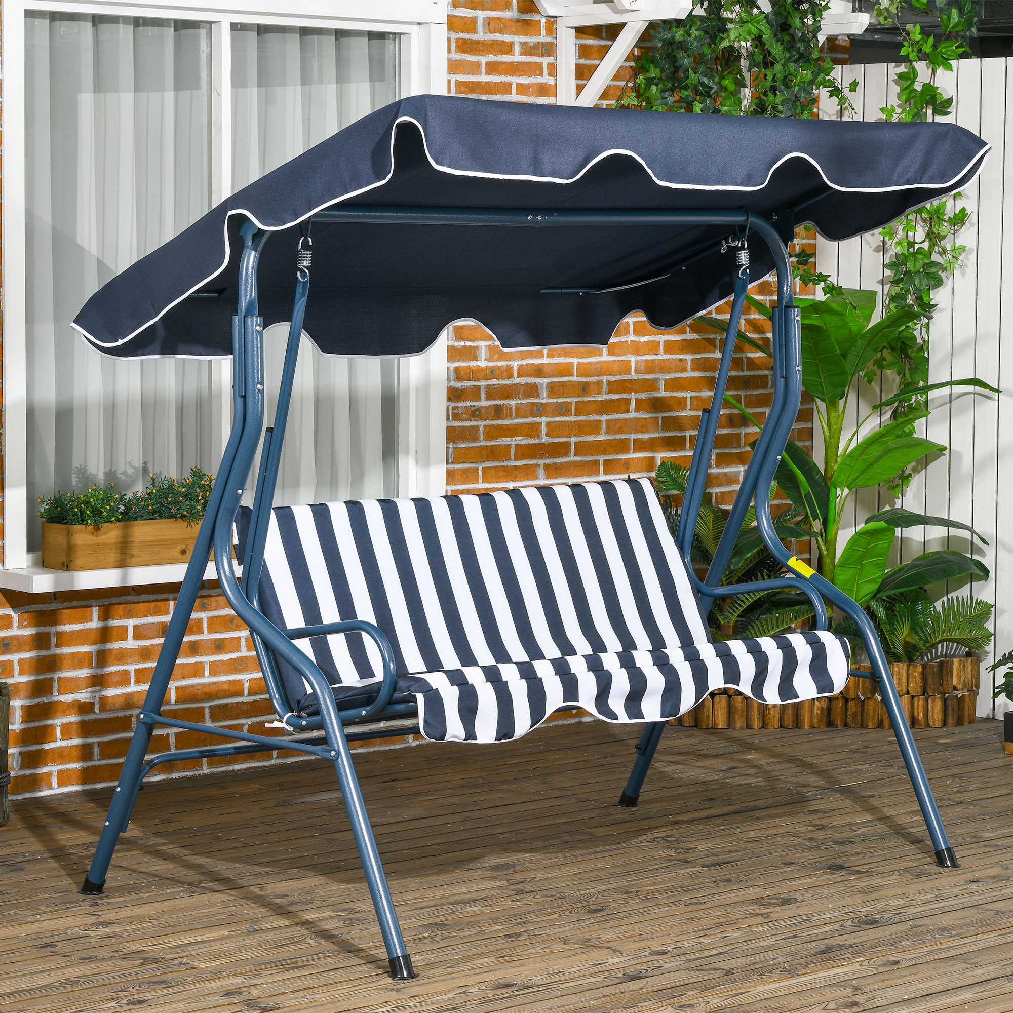 Outsunny Gartenliege 3-Sitzer Mit wasserdichtem Dach, Verstellbarer Neigung, Polsterung Blau Weiß Gestreift