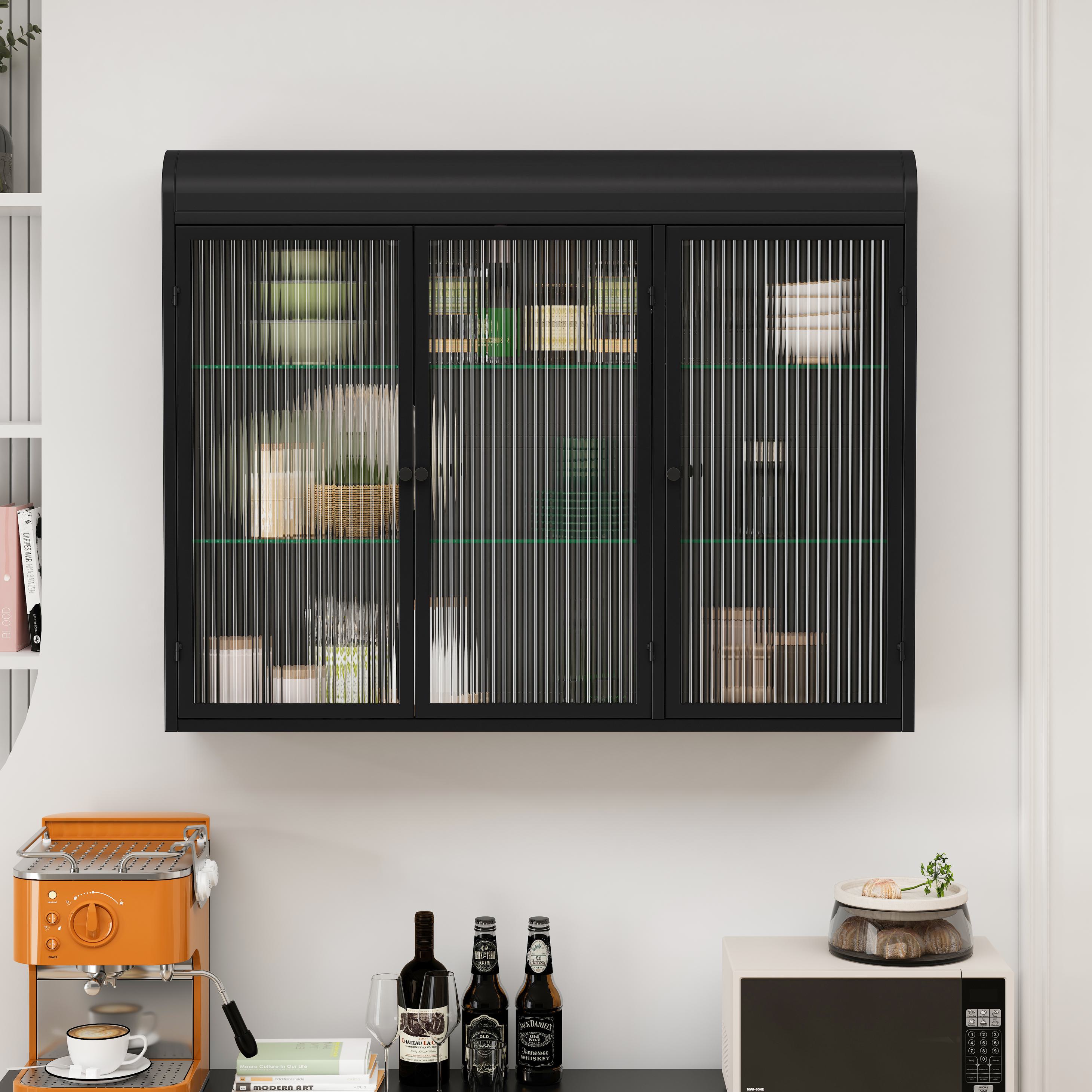 3-türiger Wandmontierter Glasschrank mit Gewölbtem Design, Vielseitiger Stauraum, 90×20×70 cm, Schwarz