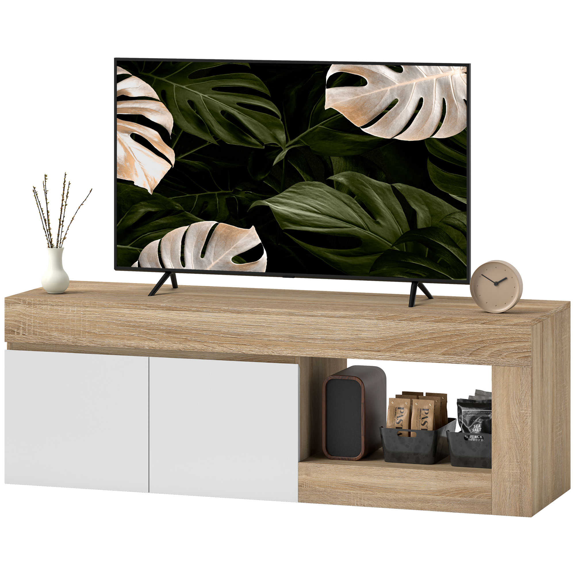 HOMCOM TV-Möbel mit 2 Türen für Fernseher bis zu 60 Zoll, TV-Möbel mit Schrank und offenem Regal, Naturholzeffekt