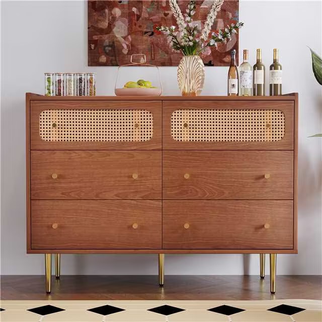 Kommode 6 Schubladen Vintage Kommode 120x40x90 cm Metallbeine MDF & Metall Vintage Design Walnut