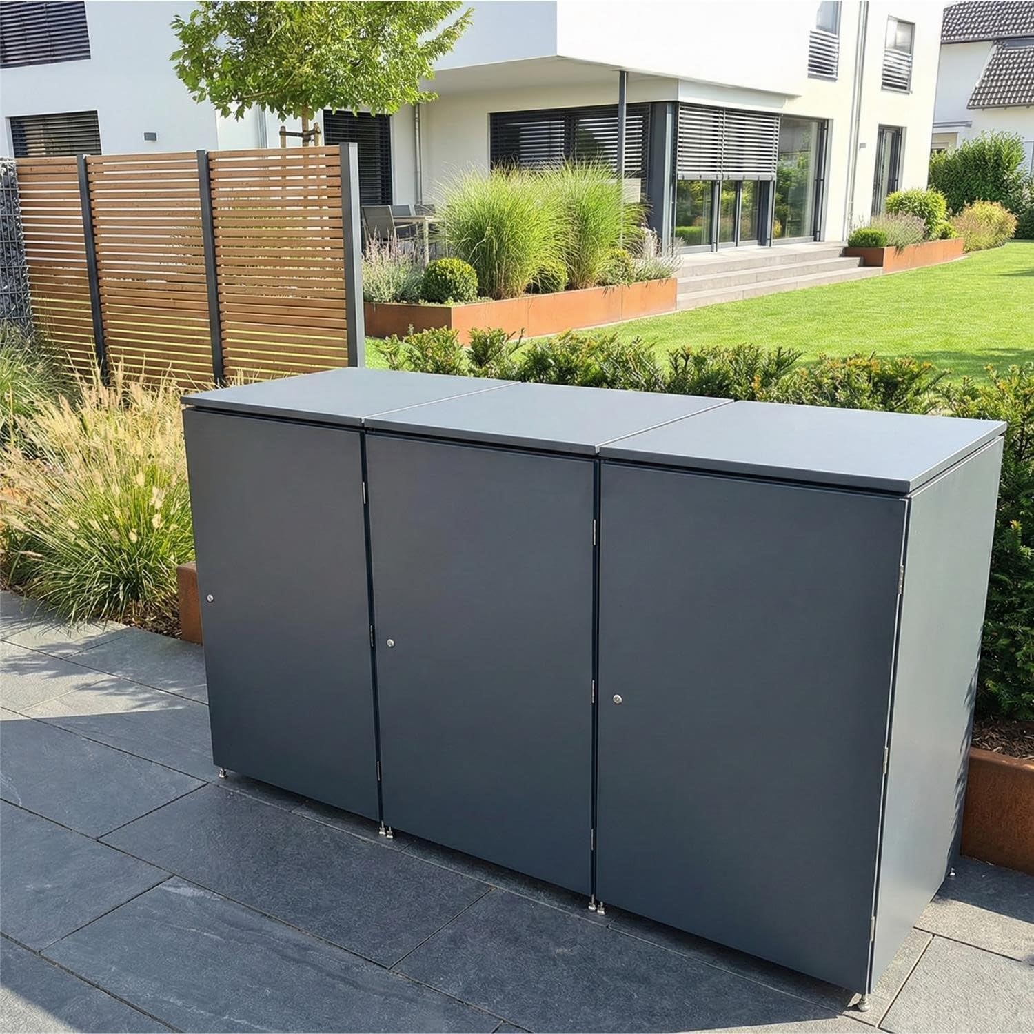 Metzler Mülltonnenbox 3er 240L in Anthrazit | Für 3 Tonnen aus Aluminium rostfrei & abschließbar | Mülltonnenverkleidung außen mit Automatikdeckel & höhenverstellbare Füße | Müllbox für Garten