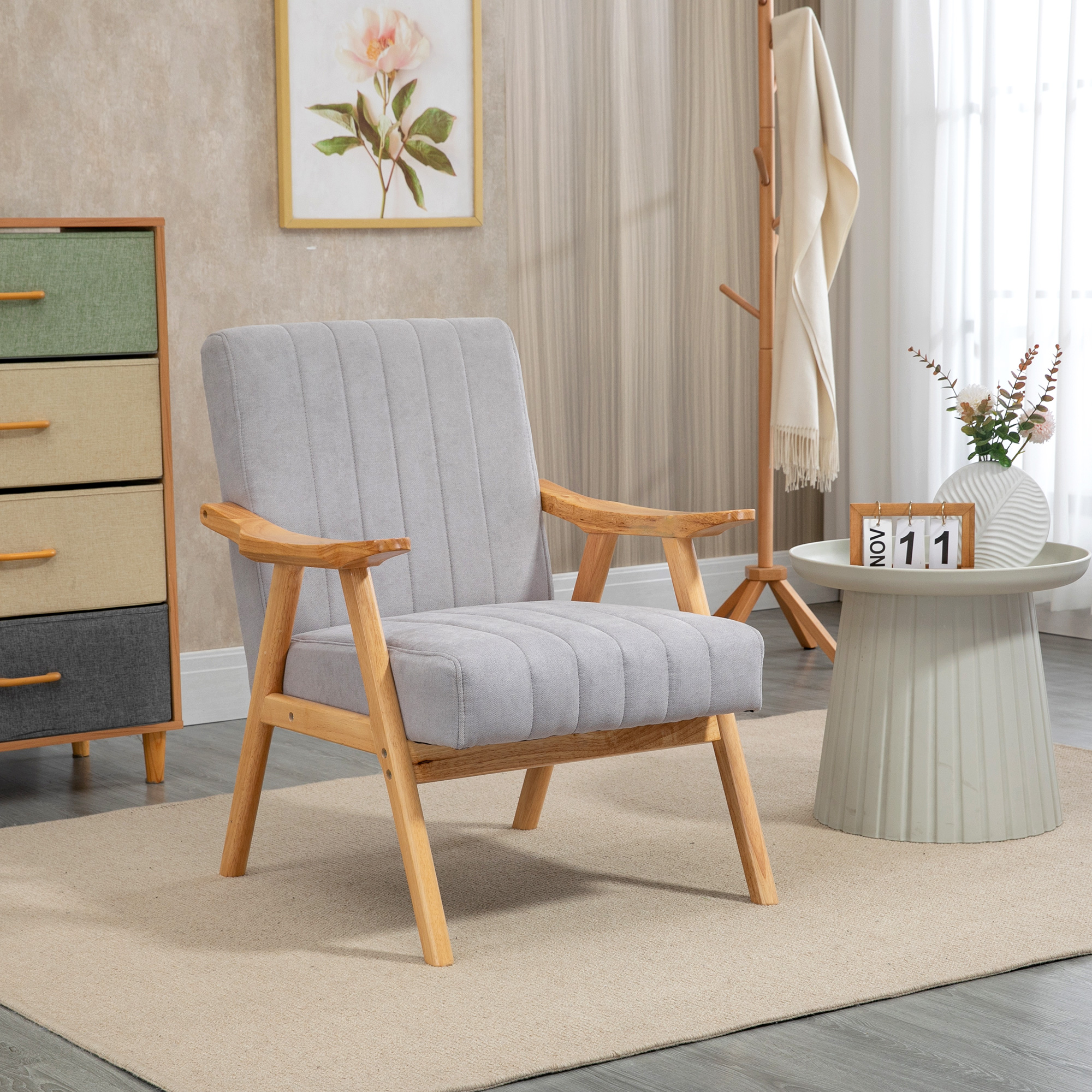 HOMCOM Sessel im Skandi-Design, bis 120 kg, Samtoptik, Massivholz; 68 cm x 74 cm x 82 cm, Natur + Grau