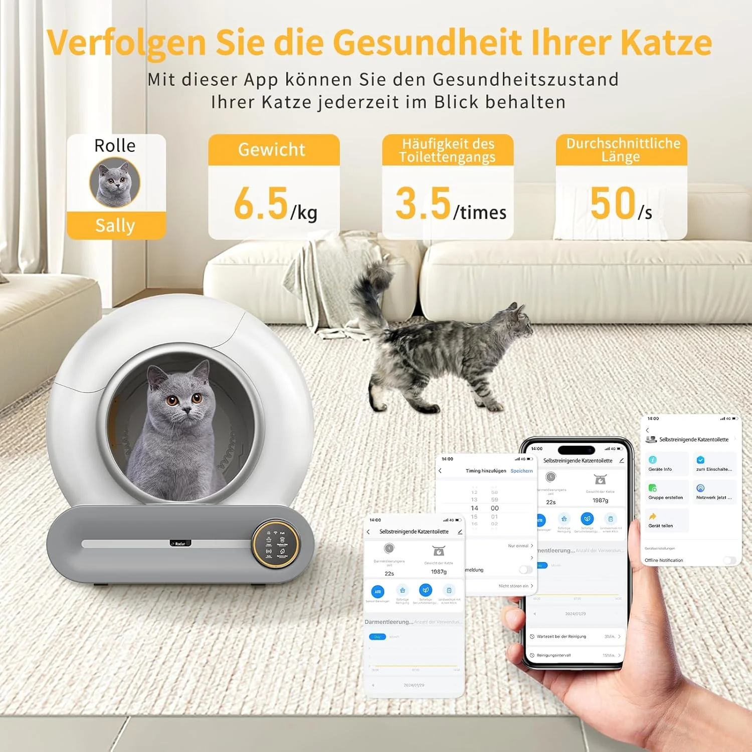 Zelfreinigende kattenbak Groot XXL 68L, Automatische kattenbak met afvalzakken, Lage instap met APP-bediening Elektrische kattenbak, voor 2 katten Zelfreinigende kattenbak