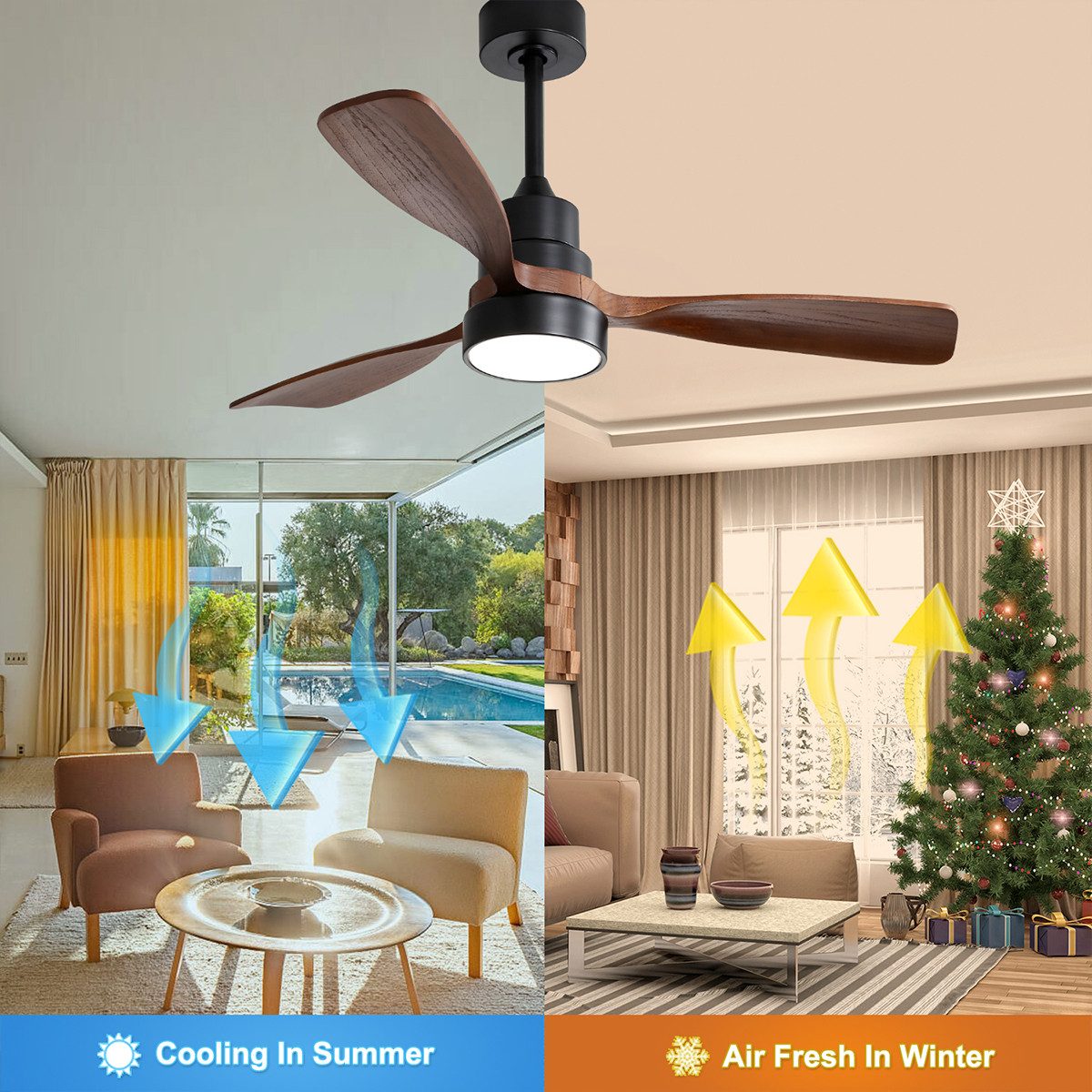 Deckenventilator Deckenventilator mit 3 Massivholzflügeln und Fernbedienung