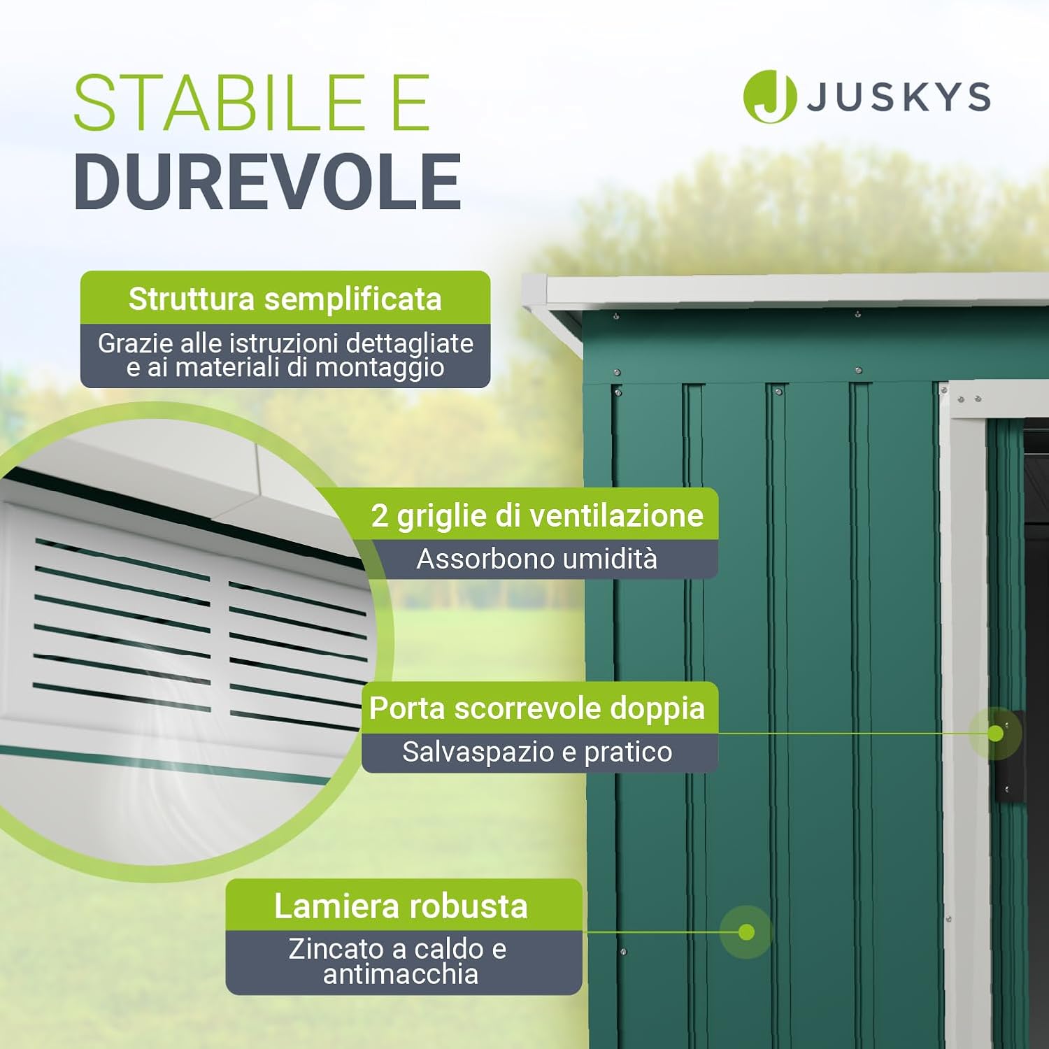 Juskys Casetta per attrezzi M in metallo 4 m³ con tetto a uno spiovente, porta scorrevole e fondamenta - 213 × 130 × 173 cm - verde - Capanno per attrezzi in acciaio Casetta da giardino