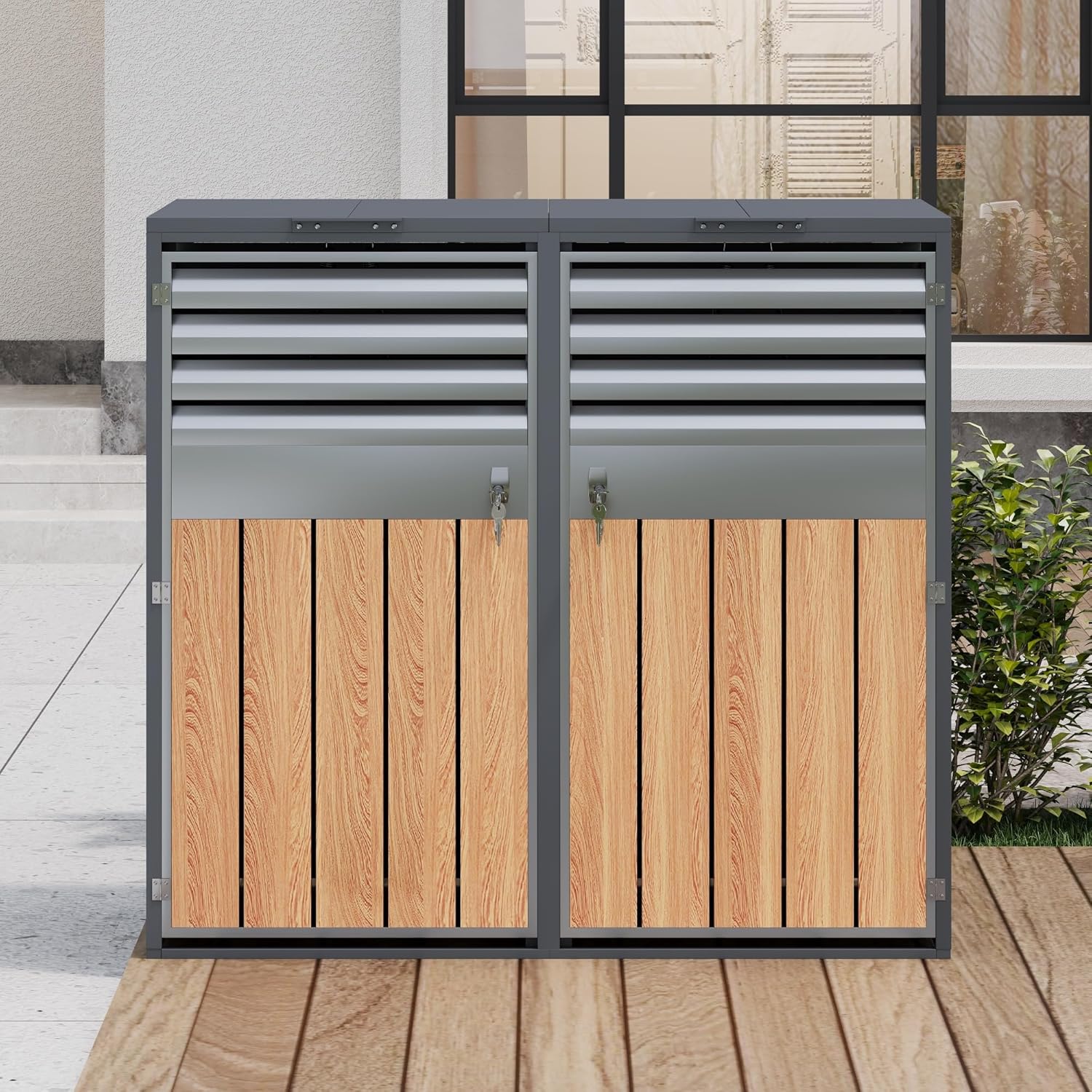 Mülltonnenbox 2Er Für 2 Mülltonne Bis 240L Mit Klappdeckel, Lüftungsöffnung Mit Lamellen, Trash Storage Compartments,Abschließbar, Zwei Türen, Garten Müllbox, Mülltonnenverkleidung,2 Bin