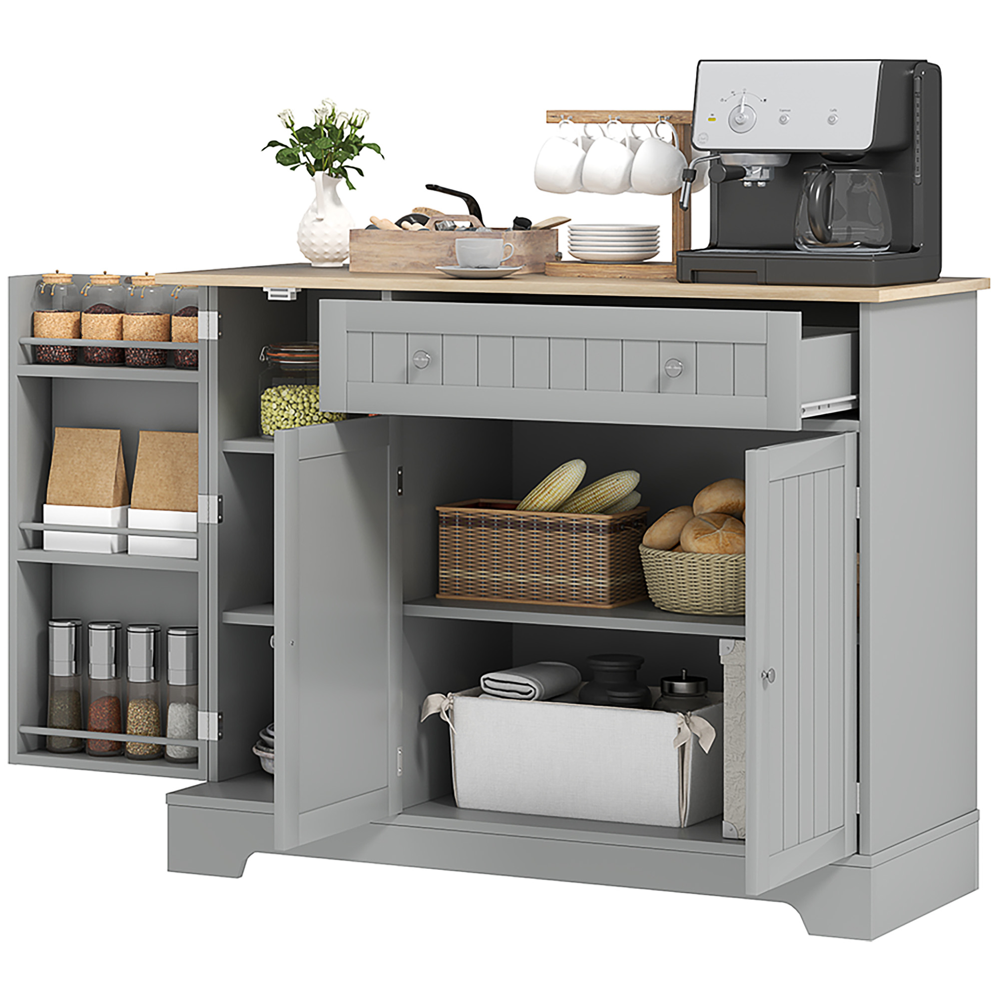 HOMCOM Buffetschrank Küche, Aufbewahrungsschrank 2 Schränke, Schublade, Türregale und höhenverstellbares Regal, 105x40x83cm, grau