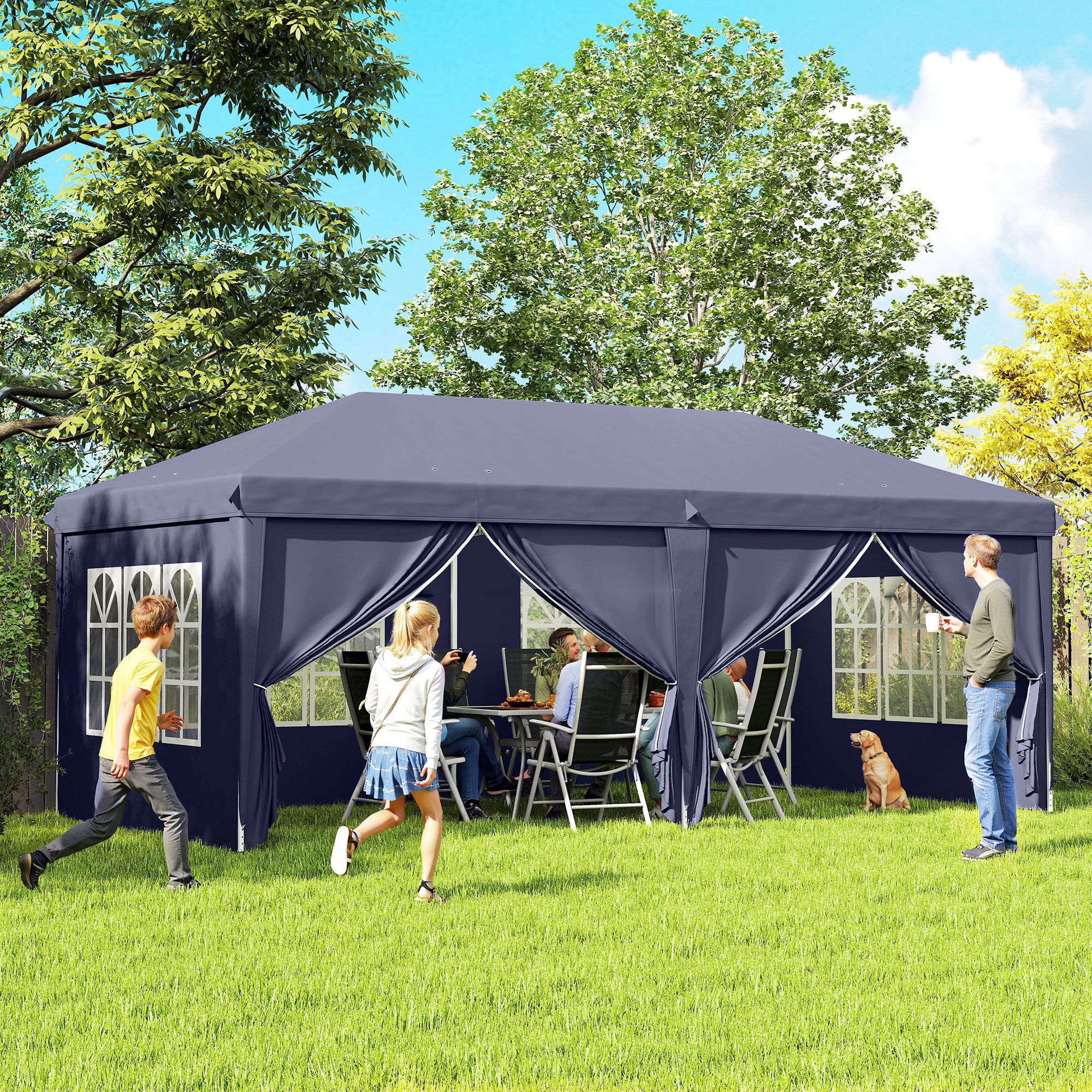Outsunny Faltpavillon 6 x 3 m, abnehmbare Seitenwände, große Fenster, Reißverschlusstüren, Stahlrahmen, Blau