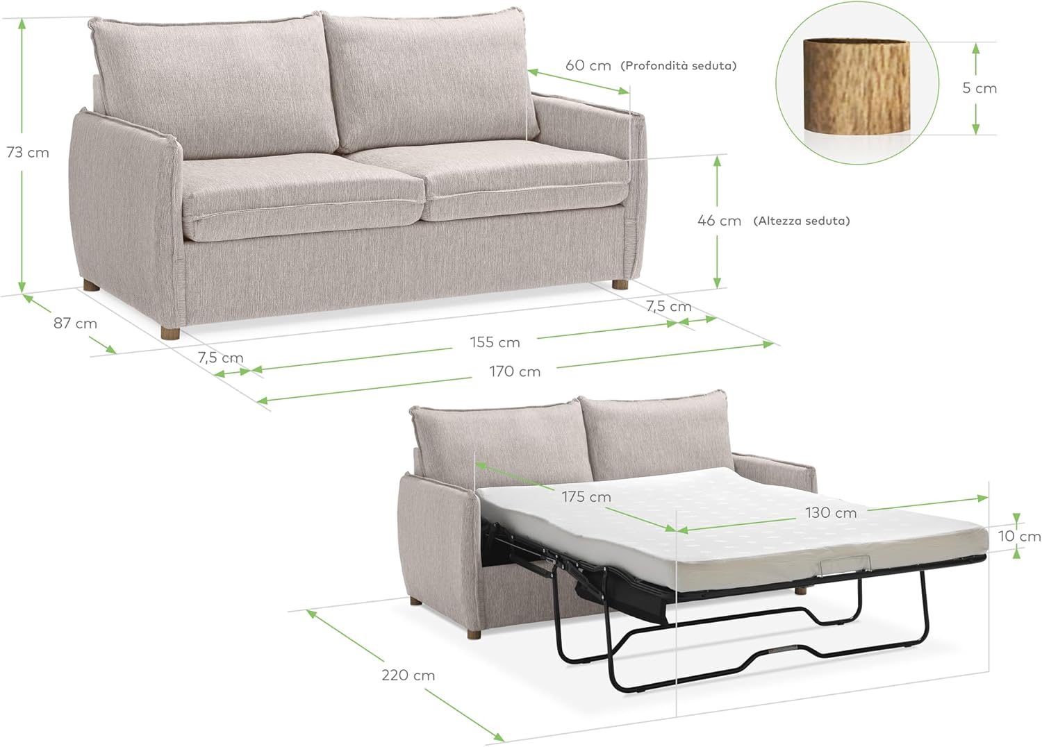 Deshome – Divano letto matrimoniale 2 posti | 3 posti 170x90cm, divano letto con materasso, cuscini da seduta estraibili, struttura pieghevole, tessuto morbido al tatto, CLEOPATRA (Beige)