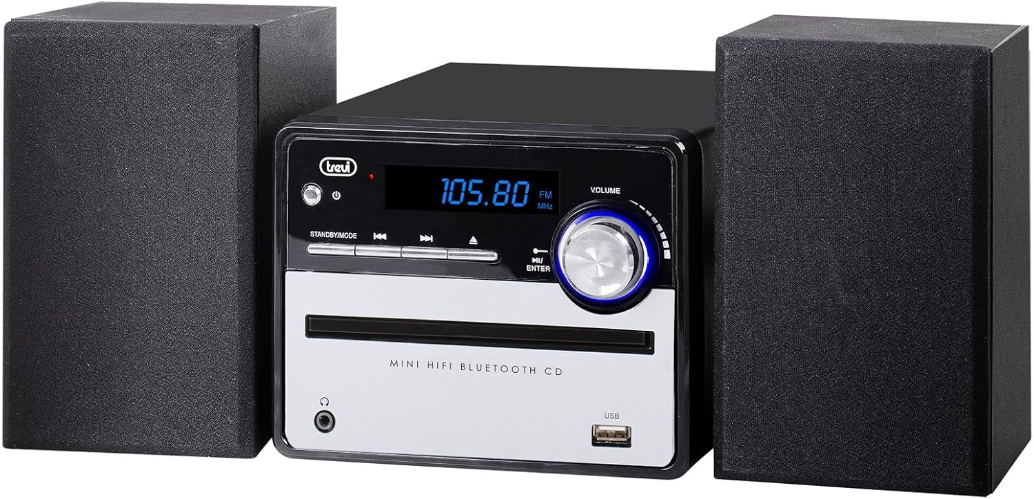 Trevi HCX 10F6 Hi-Fi System 20W, Compact Digital Stereo with FM Radio, USB CD/MP3 Player, Wireless, RCA AUX Input, 5 Audio Equalizations, Full Function Remote Control, Blue LCD Display