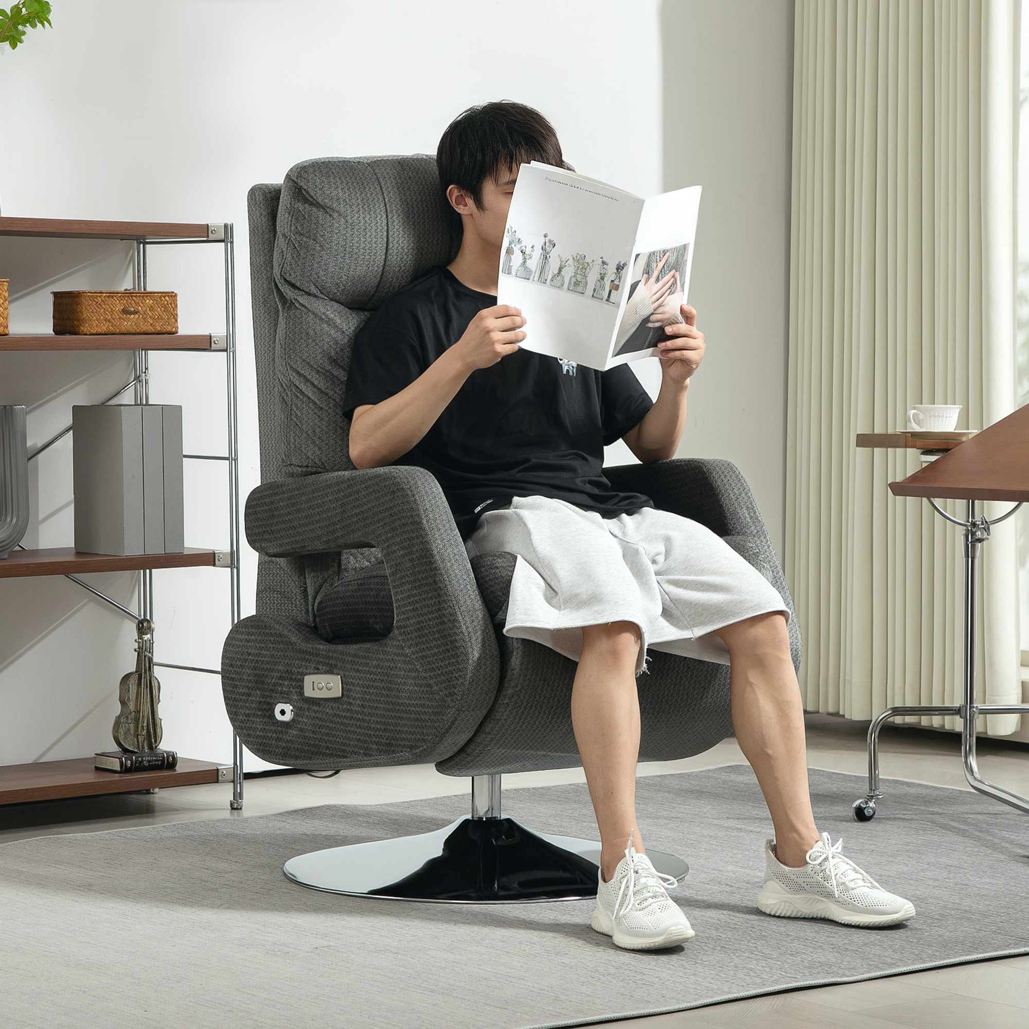 HOMCOM Recliner-Sessel, Elektrischer Polstersessel mit USB-Anschluss und Fußstütze, Samtoptik, drehbar, verstellbar, Grau