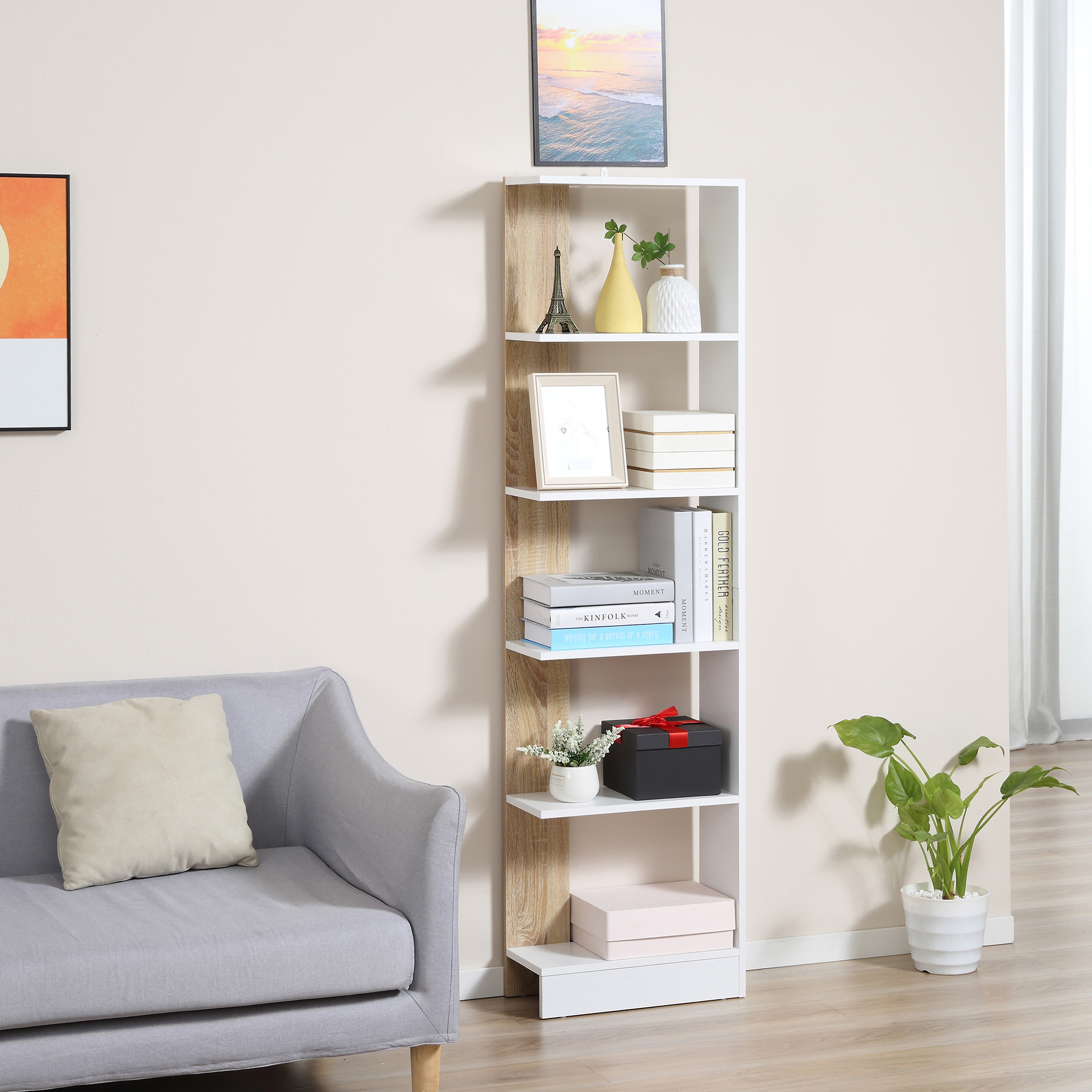 HOMCOM Standregal Bücherregal 5-stufiges Büroregal Lagerregal Aktenregal Küchenregal Spanplatte Eiche+Weiß 45 x 21 x 170 cm