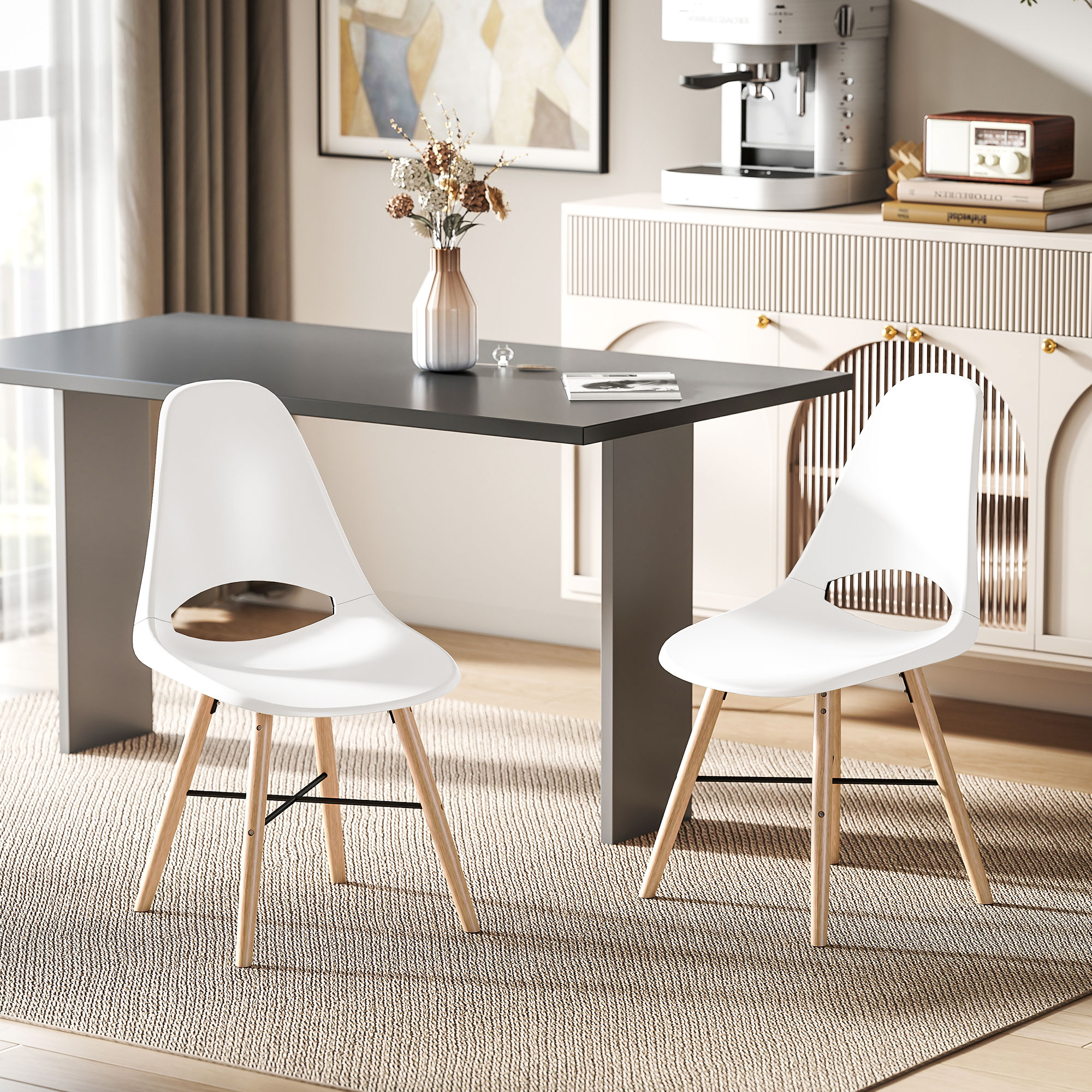 HOMCOM Set von 2 Esszimmerstühlen aus Kunststoff und Gummiholz im nordischen Stil mit geschwungenem Rückenlehne, Weiß