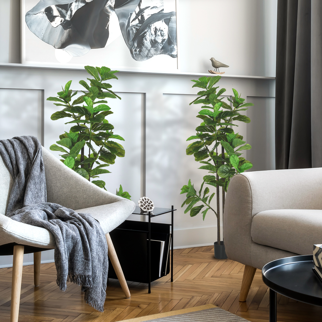 HOMCOM Set mit 2 künstlichen Pflanzen Geigenblattfeige Ficus Lyrata Höhe 180cm mit Topf