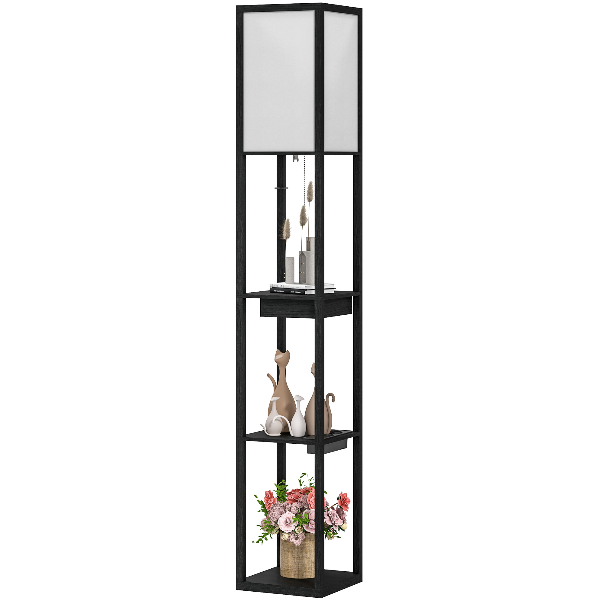 HOMCOM Stehlampe mit 3-stufigem Regal, Fußschalter, USB-Anschlüssen, MDF, Schwarz