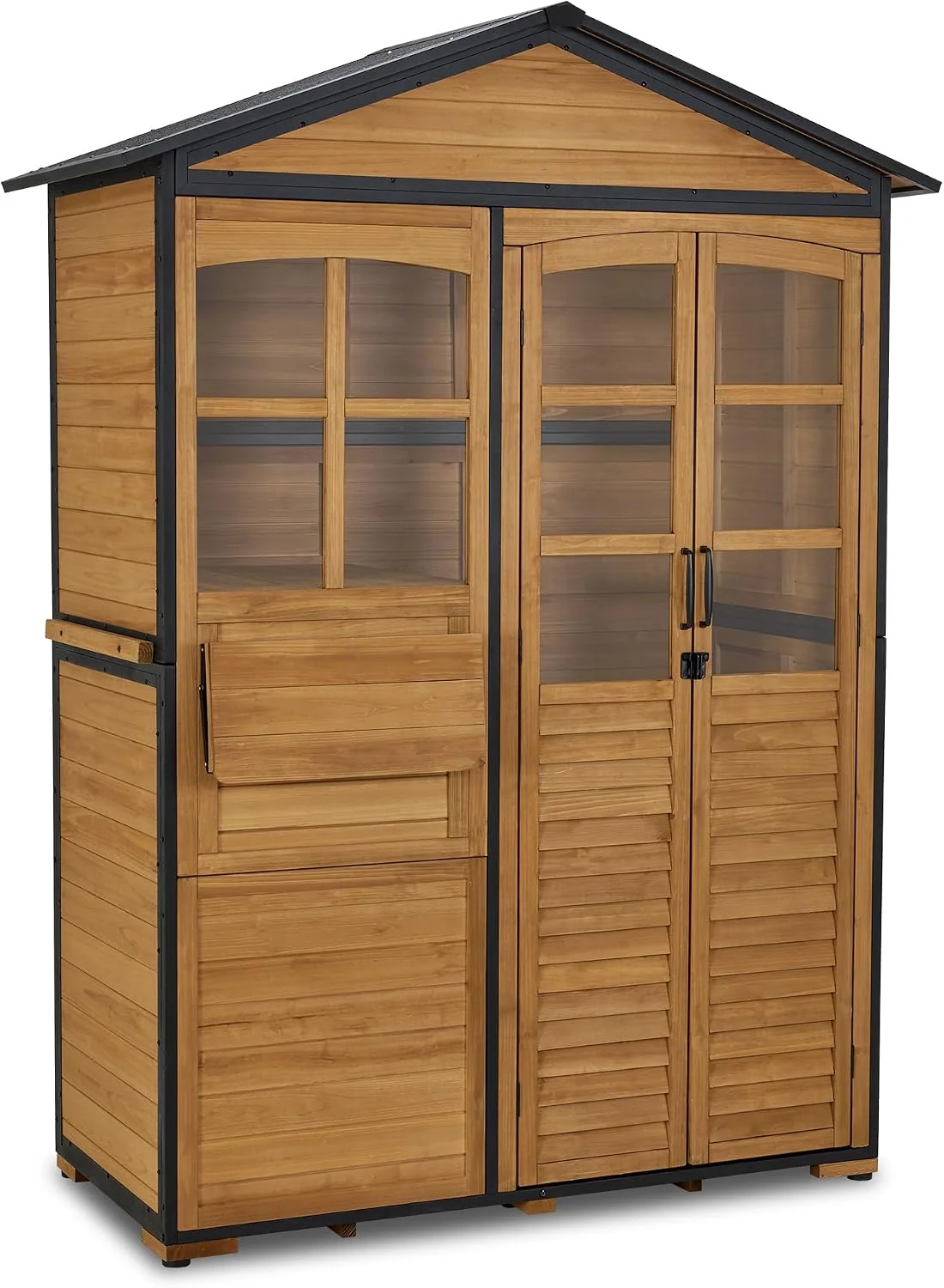 Gerätehaus M MCombo, Tannenholz/ Asphaltdach/Metall/Acryl, Natur, Gartenschrank Holz Metgallgestell mit 3 Ablagen