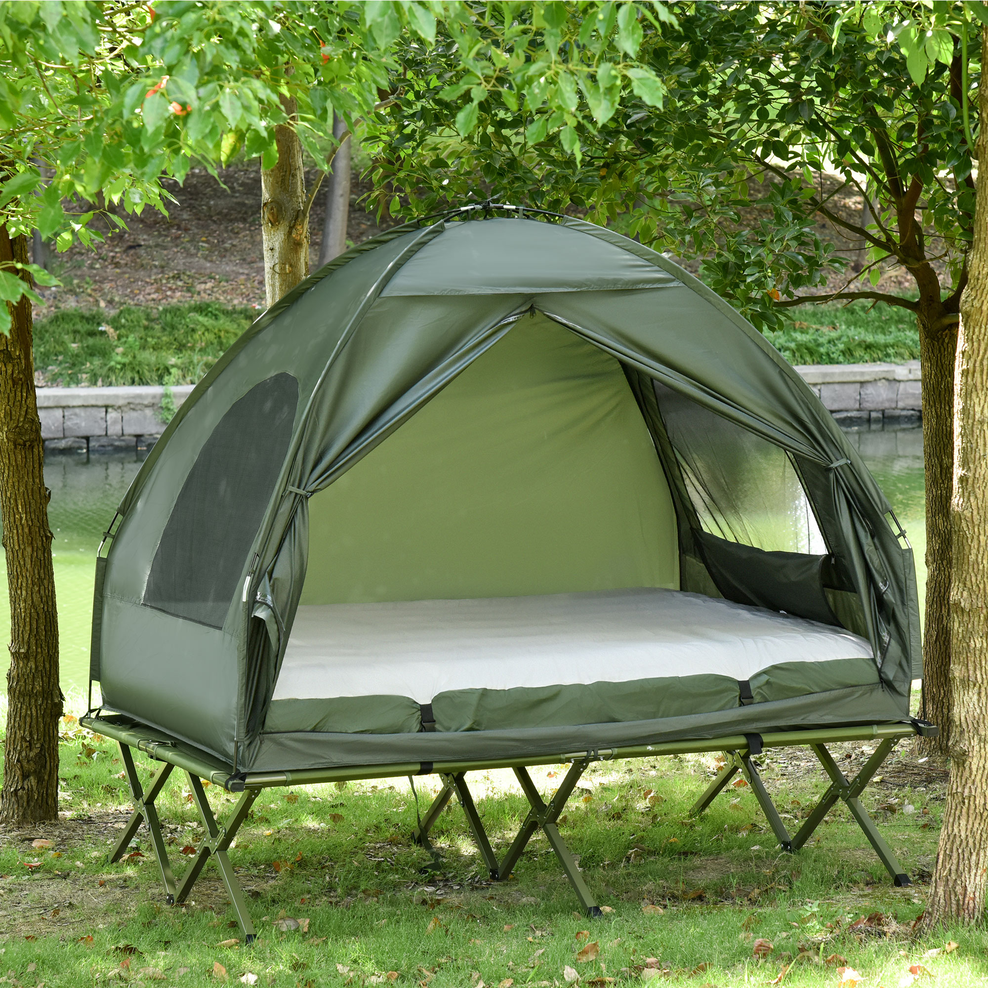Outsunny Campingzelt-Set für 2 Personen mit Feldbett und Luftmatratze Grün