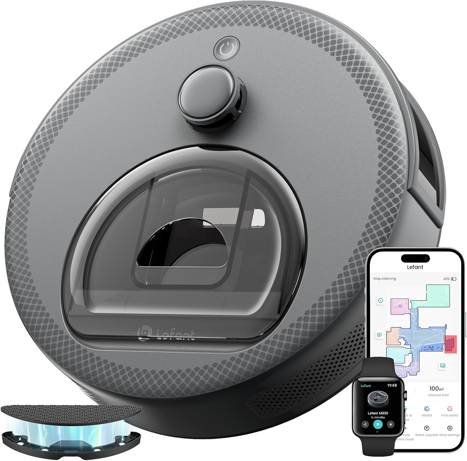 LEFANT M330 Robot Aspirapolvere con Mappatura, 5000Pa, 150min, Navigazione dToF, Evitamento ostacoli PSD, Area virtuale, WiFi/Alexa 2,4GHz e 5GHz, Nero