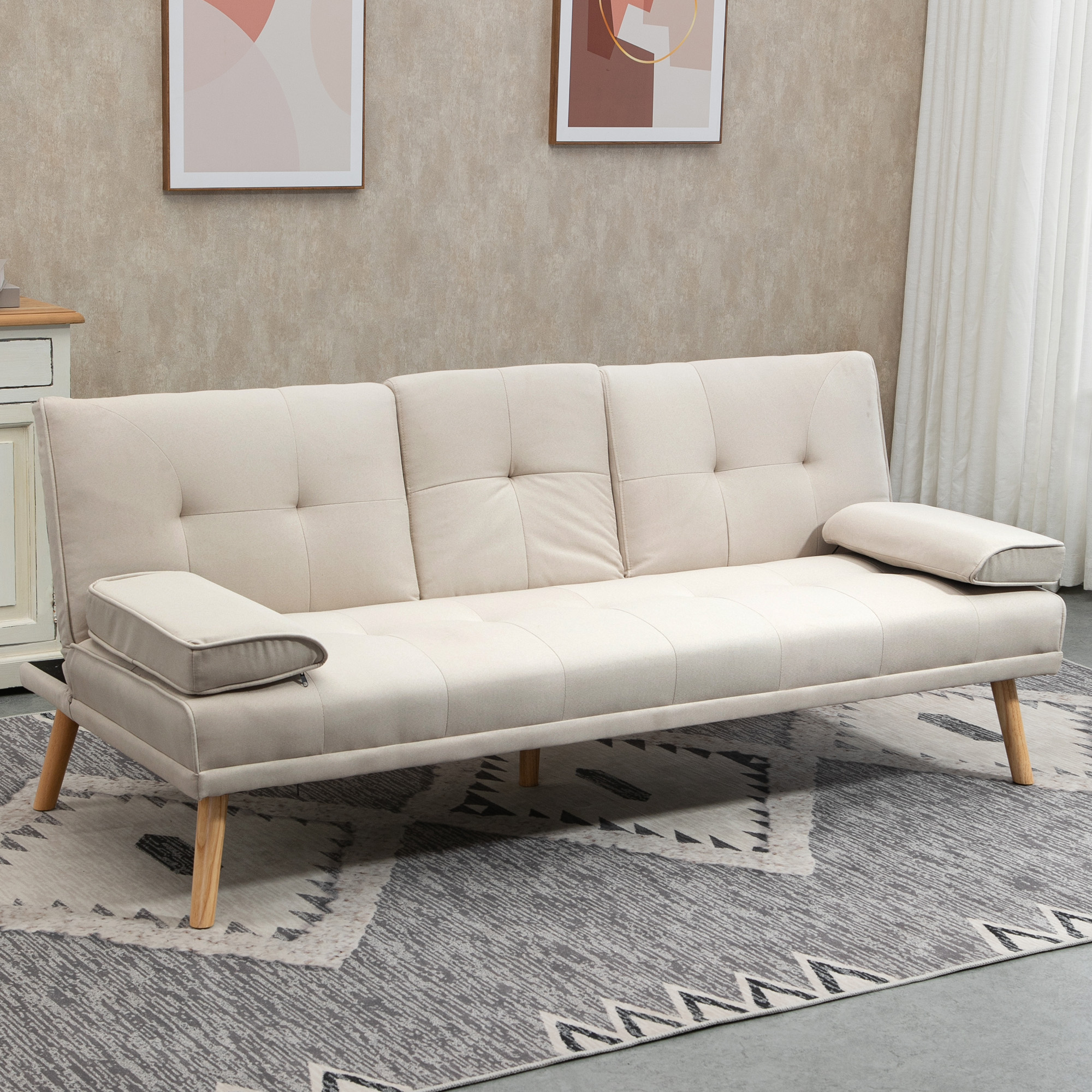 HOMCOM Slaapbank 3-zits, verstelbare rugleuning met inklaptafel, twee armkussens, linnenlook, beige, 181 x 77 x 78 cm
