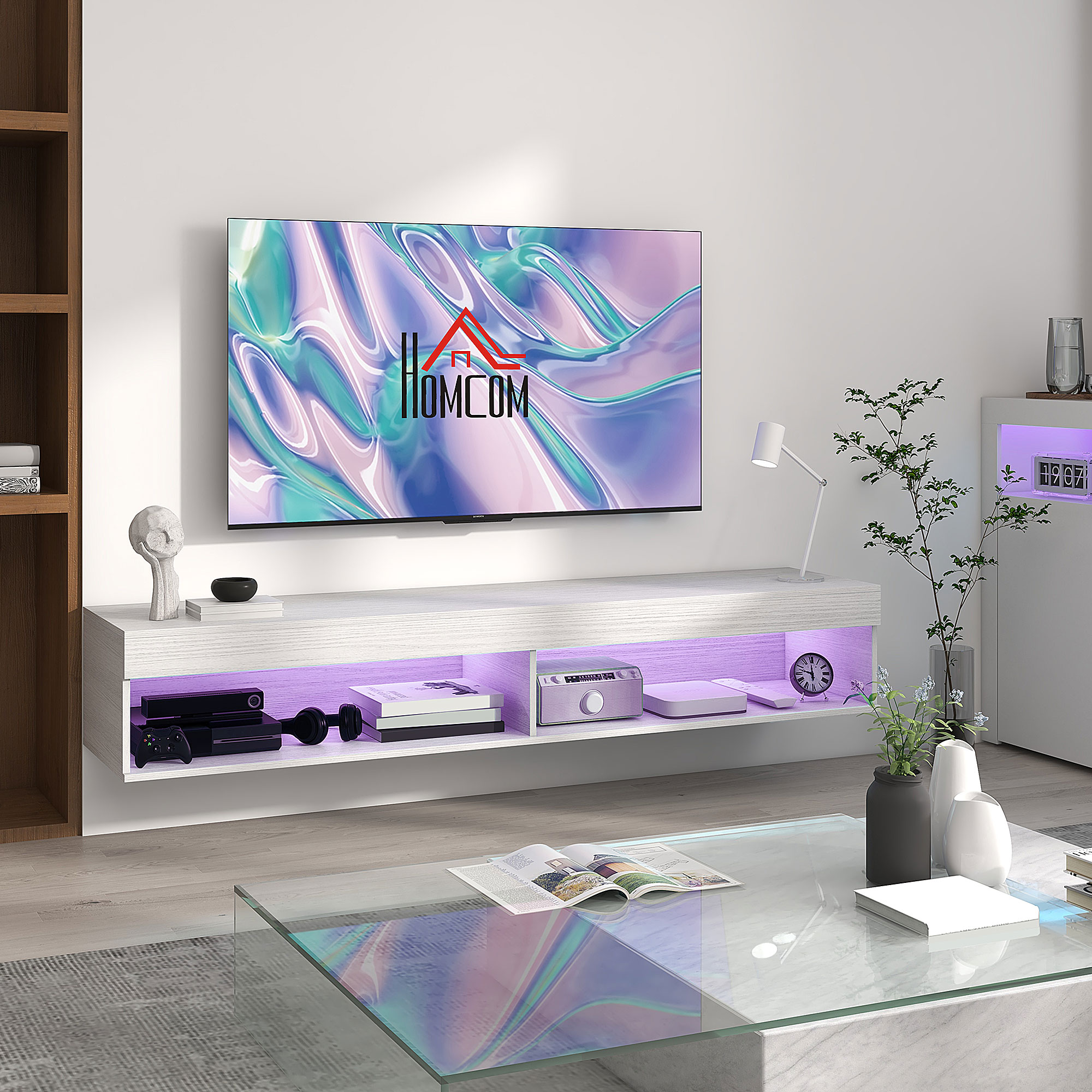 HOMCOM Schwebendes Wand-Meuble TV mit LED-Beleuchtung für Fernseher bis zu 75 Zoll, Regale, 180L x 40B x 30H cm, weiß