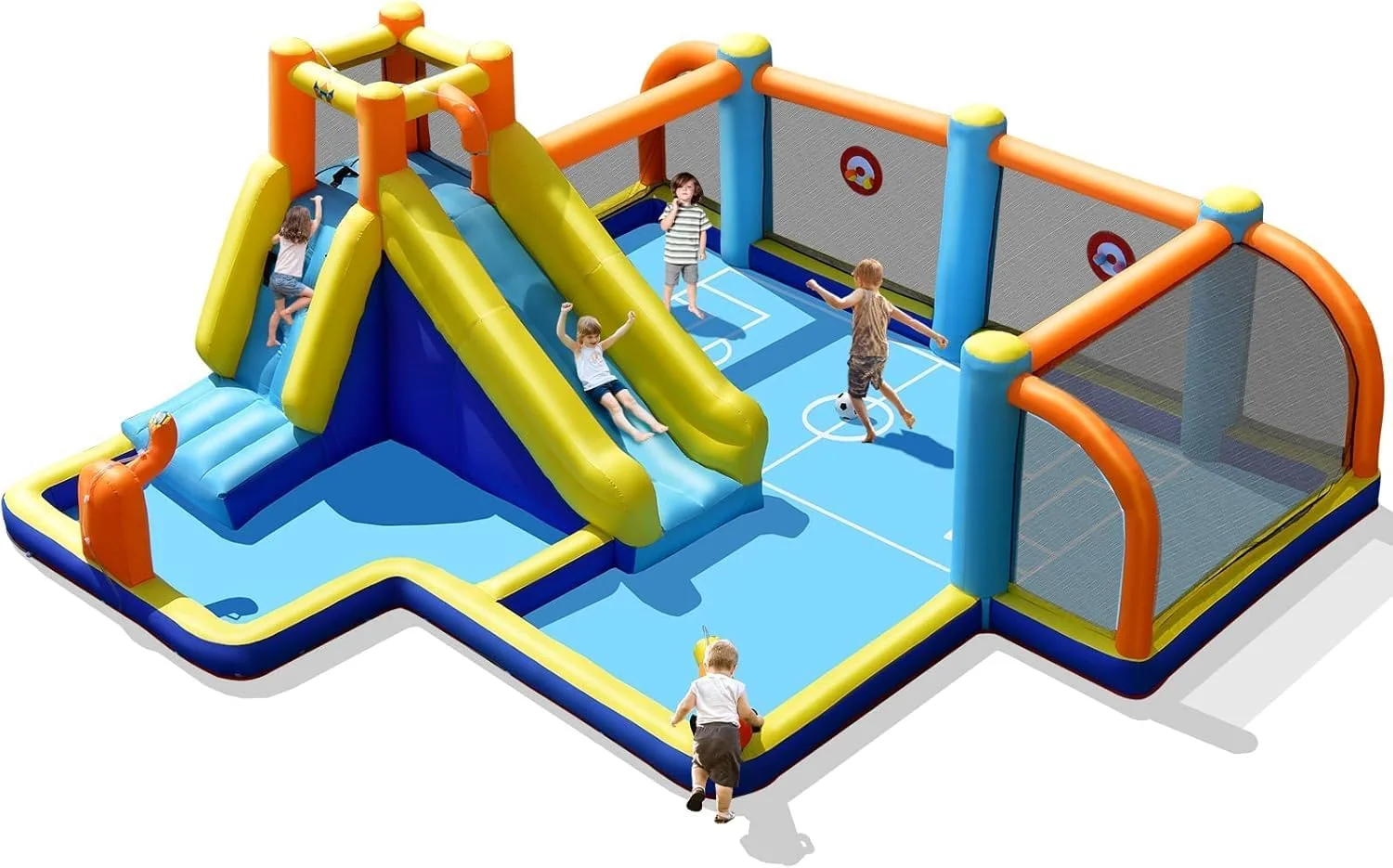 FANTASK Hüpfburg mit Gebläse, 500 x 465 x 200 cm, aufblasbare Wasserrutsche mit Planschbecken, Spielpool für Kinder, Fußballbereich, Kletterwand