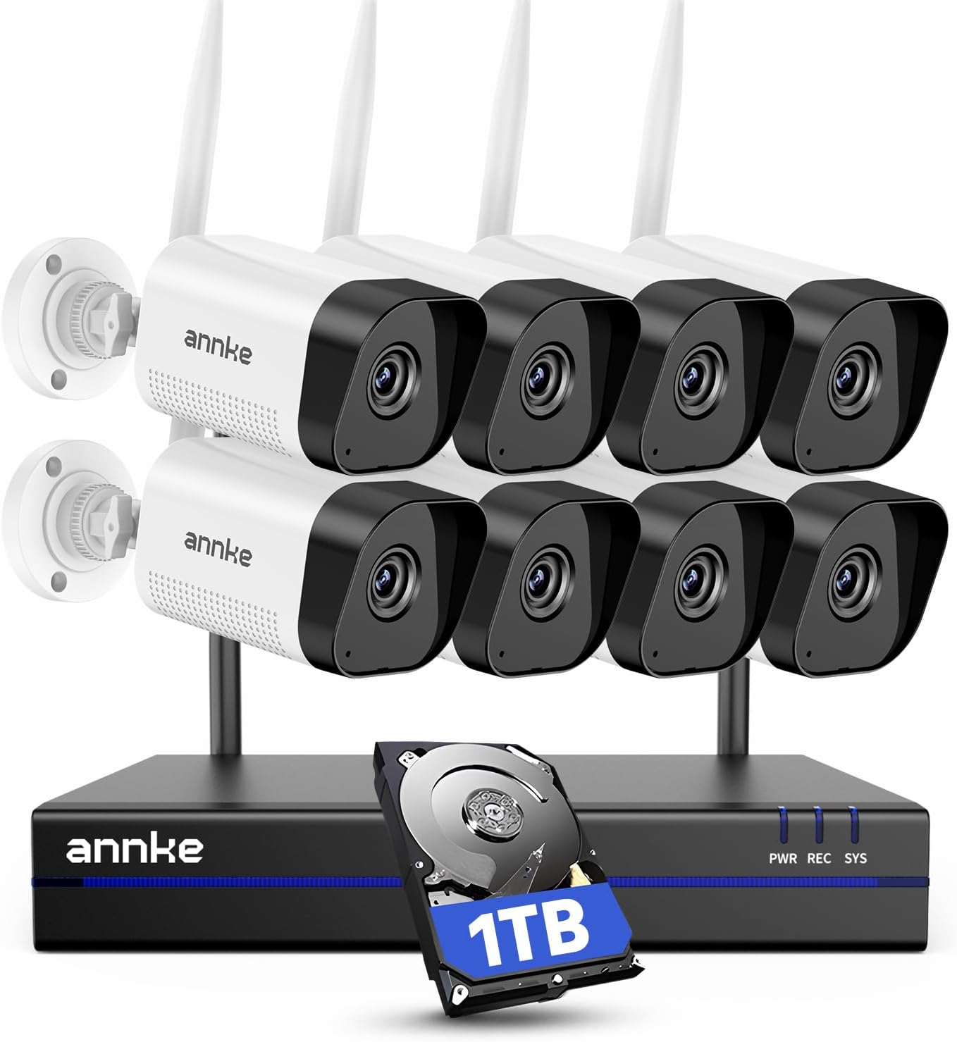 ANNKE Kit Videosorveglianza WiFi, 4K/8MP NVR 16CH 1TB e 8x 3MP Telecamere Esterne Wireless, Rlevamento Movimento Alarm, Audio Bidirezionale, Visione Notturna IR 100ft, Registrazione 24/7, IP66