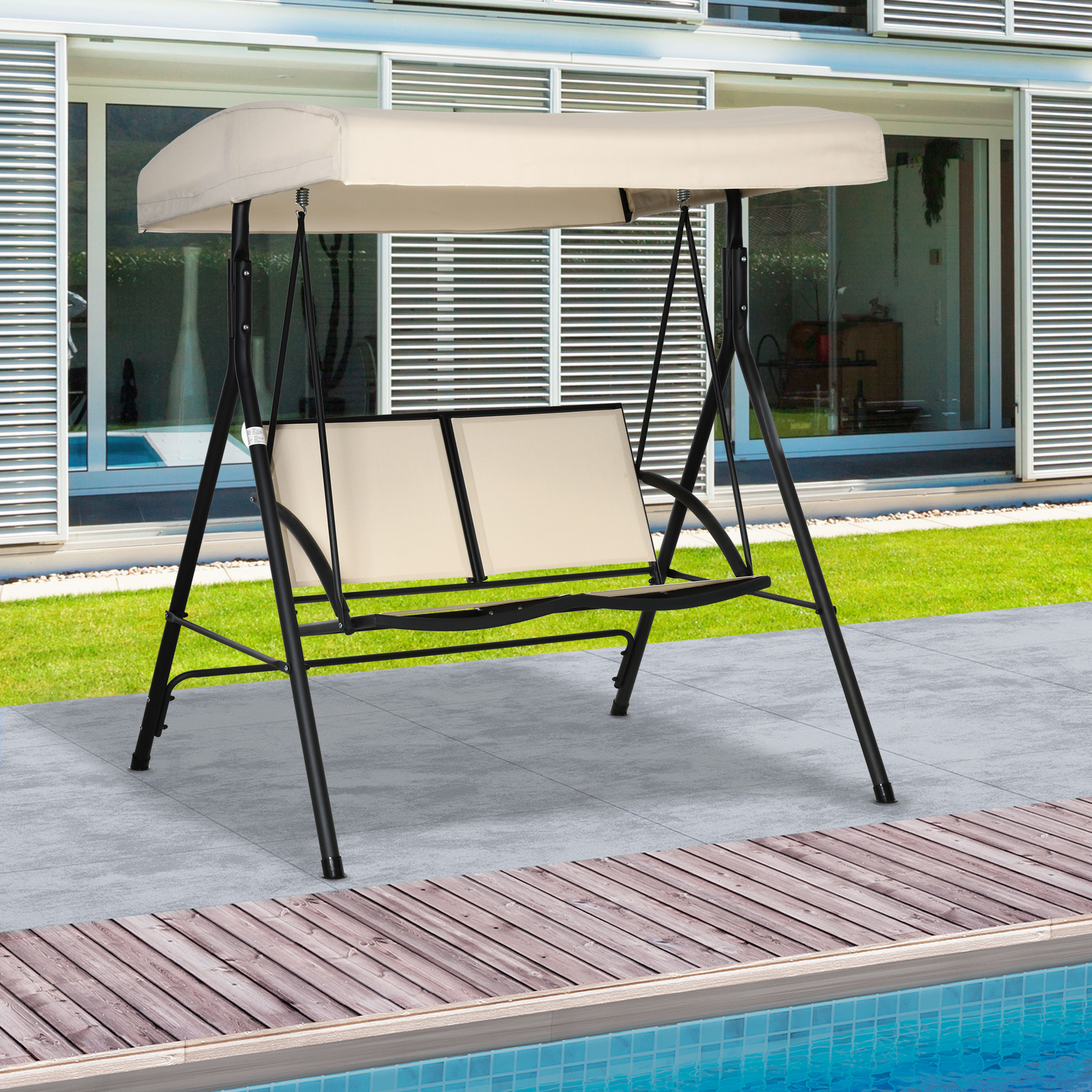 Outsunny Gartenschaukelstuhl für 2 Personen mit verstellbarem Sonnendach, 140x118x162cm Beige