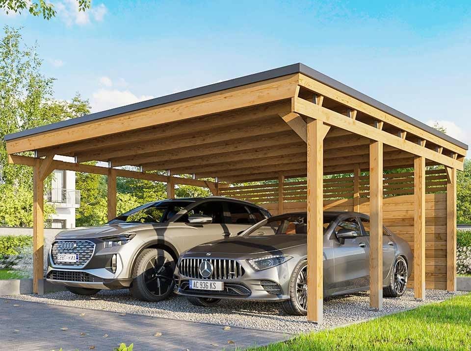 Holz-Carport CASTELLANE 558X555 Integrierte Bodenplatte - Holzdach + Bitumenpappe - Carport - Autoklav - 2 Autos